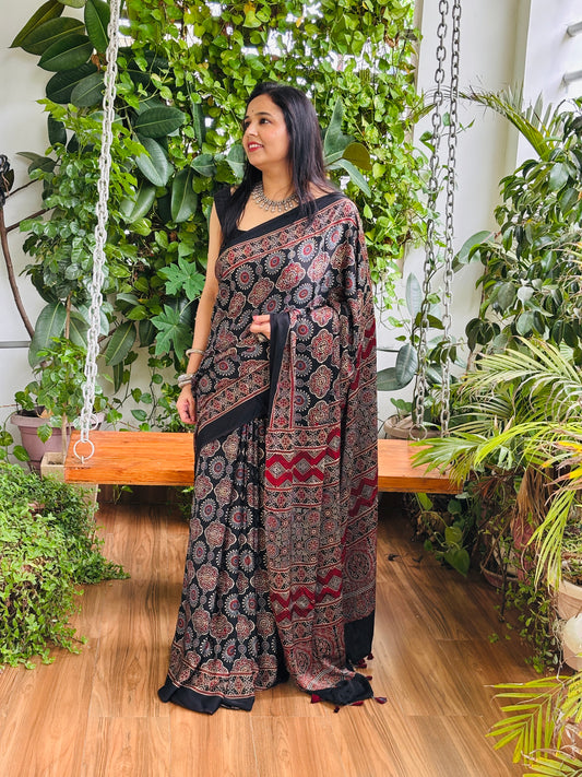 Bahar - Natural Dyed Black Colour Ajrakh Pure Modal Traditional Motif Saree