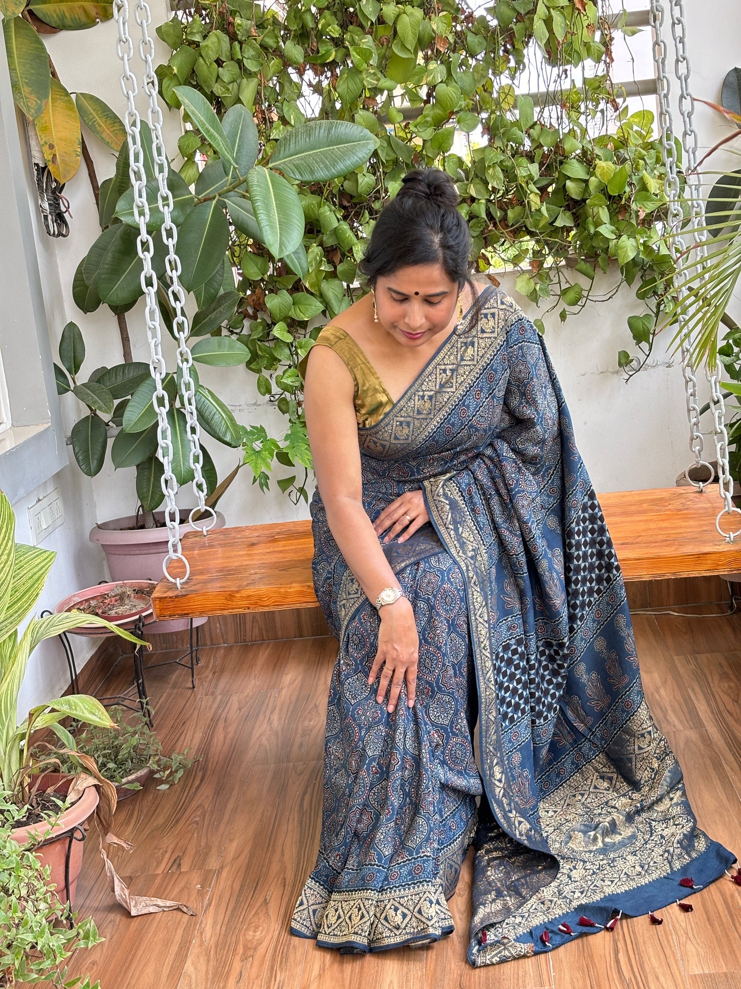 Neer- Natural Dyed Indigo Badamduta Motif Dola Silk Sarees