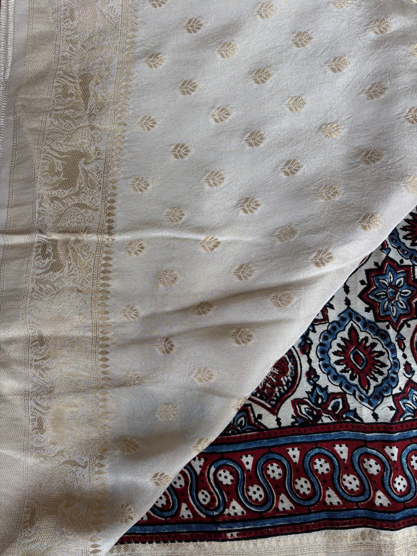Pale Ivory Ajrakh Hand Block Printed Badambuta Dola Silk Saree