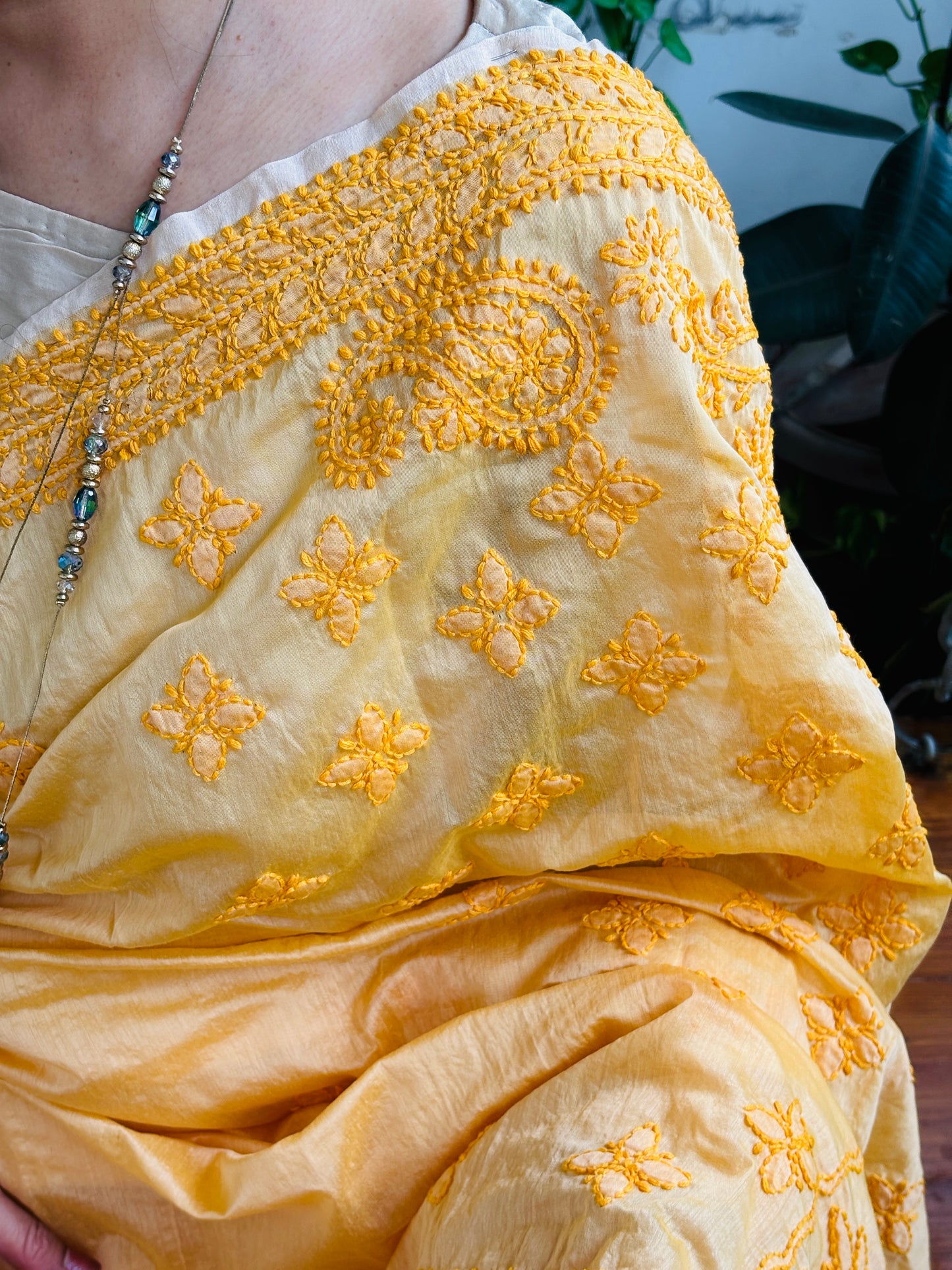 Yellow Light Chrushed Candri Cotton Chikankari Hand Embroidered Saree