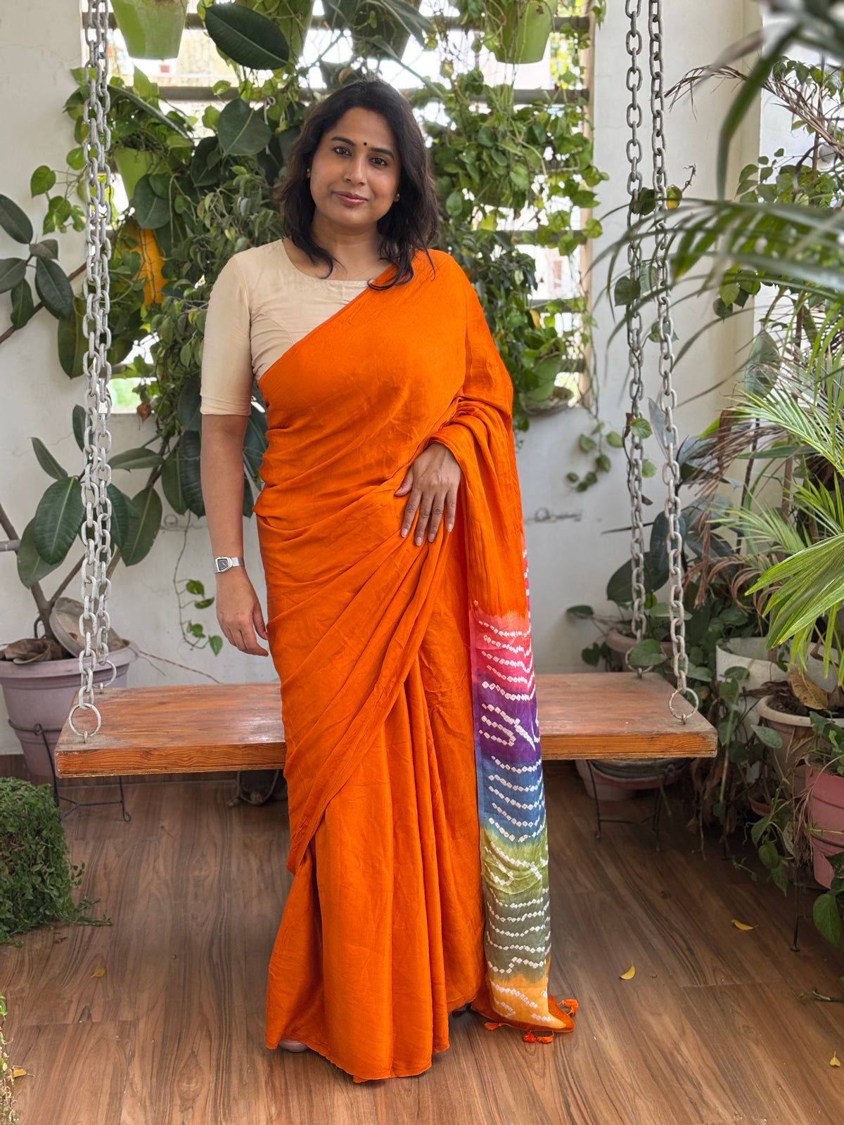 Kacchi Haldi Colour (Turmeric Yellow) Semi Modal Saree with Multi Colour Bandhej Palla