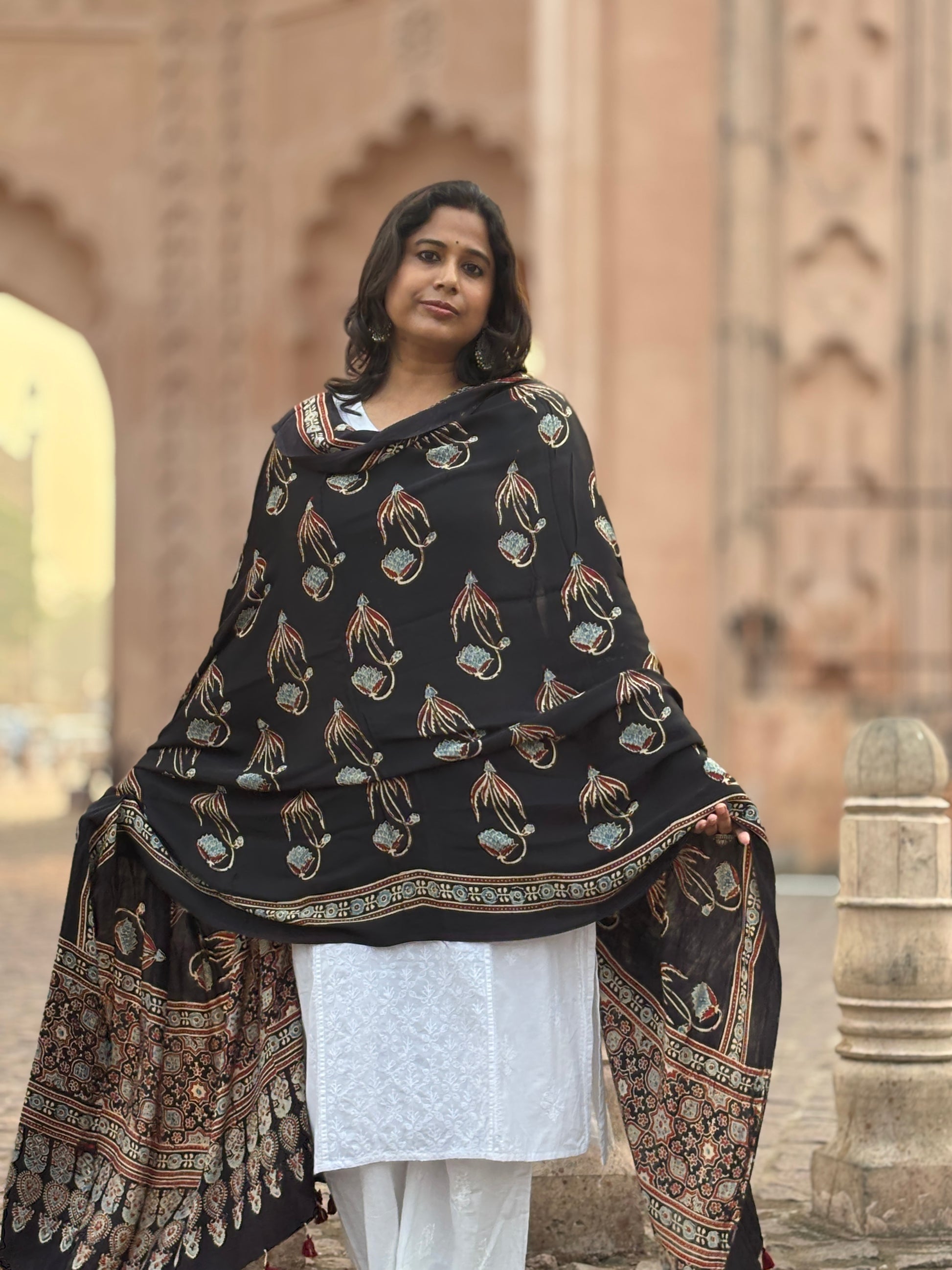 Black Big Floral Stalk Contemporary Dupatta,ajrakh modal black dupatta,view.
