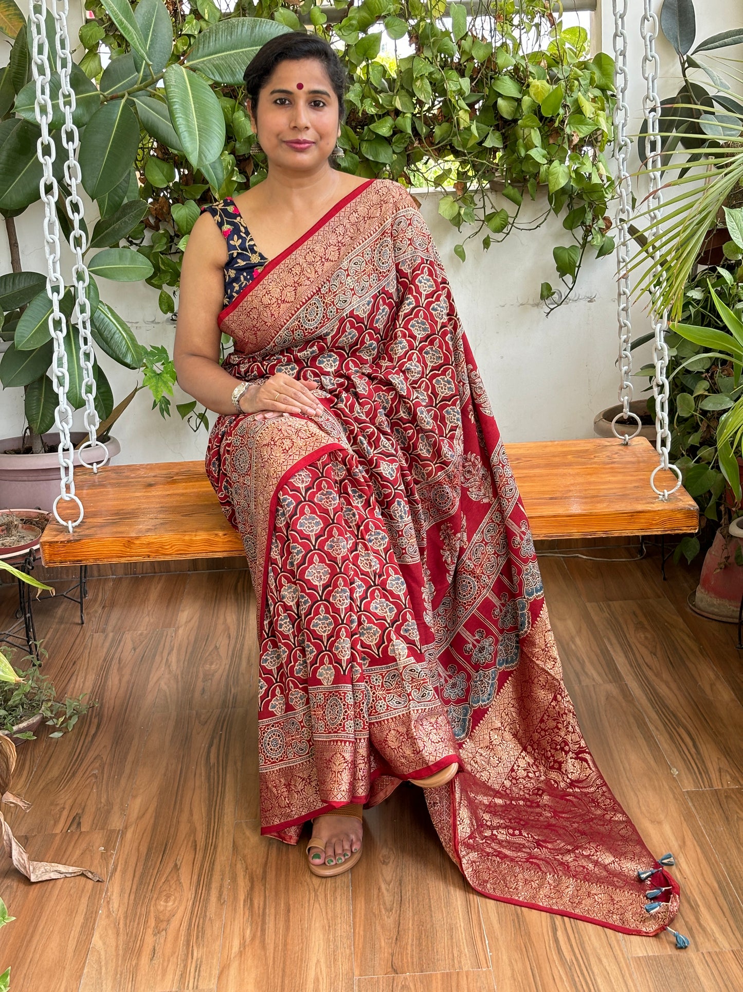 Mokshi- Natural Dyed Geometrical Motif Ajrakh Dola Silk Saree