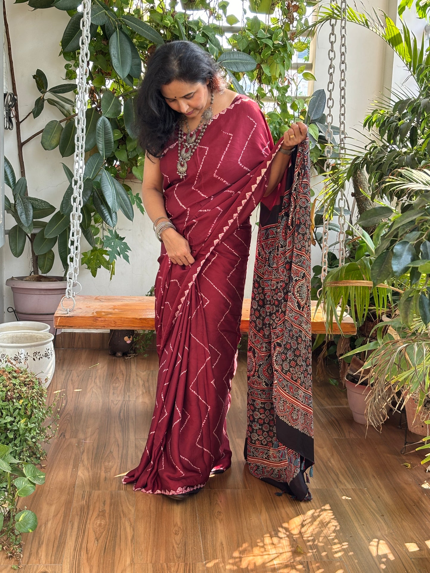 Jashn - Brownish Maroon Colour Needle Shibori Tie and Dye Pure Modal Saree With Ajrakh Hand Block Anchal and Blouse (Copy)