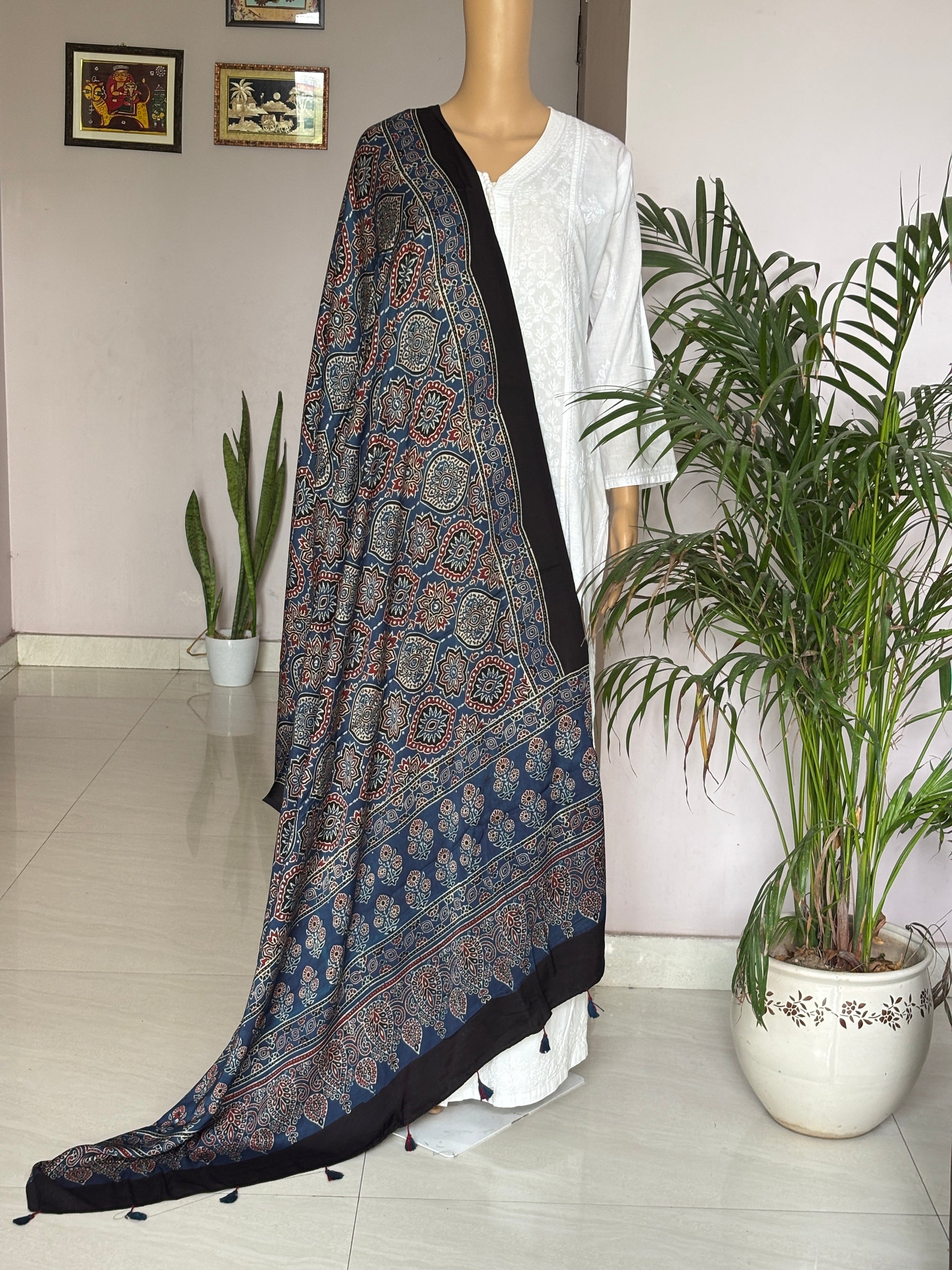 Indigo Dupatta With Badam Buta Motif,ajrakh dupatta,front view