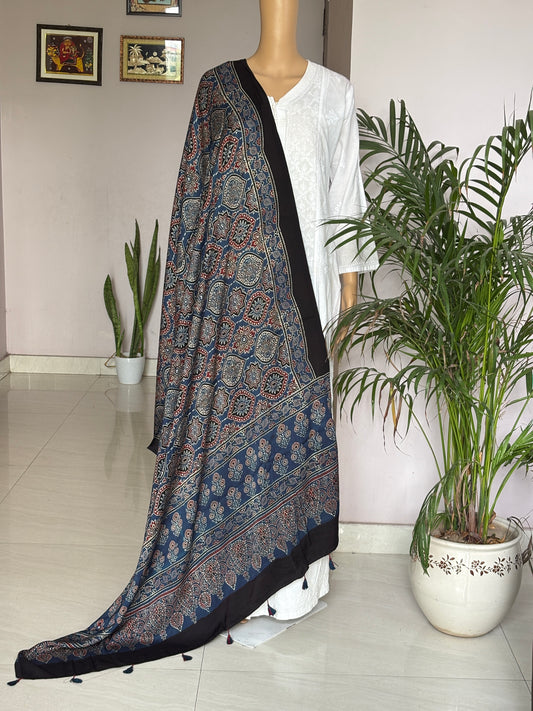 Indigo Dupatta With Badam Buta Motif,ajrakh dupatta,front view