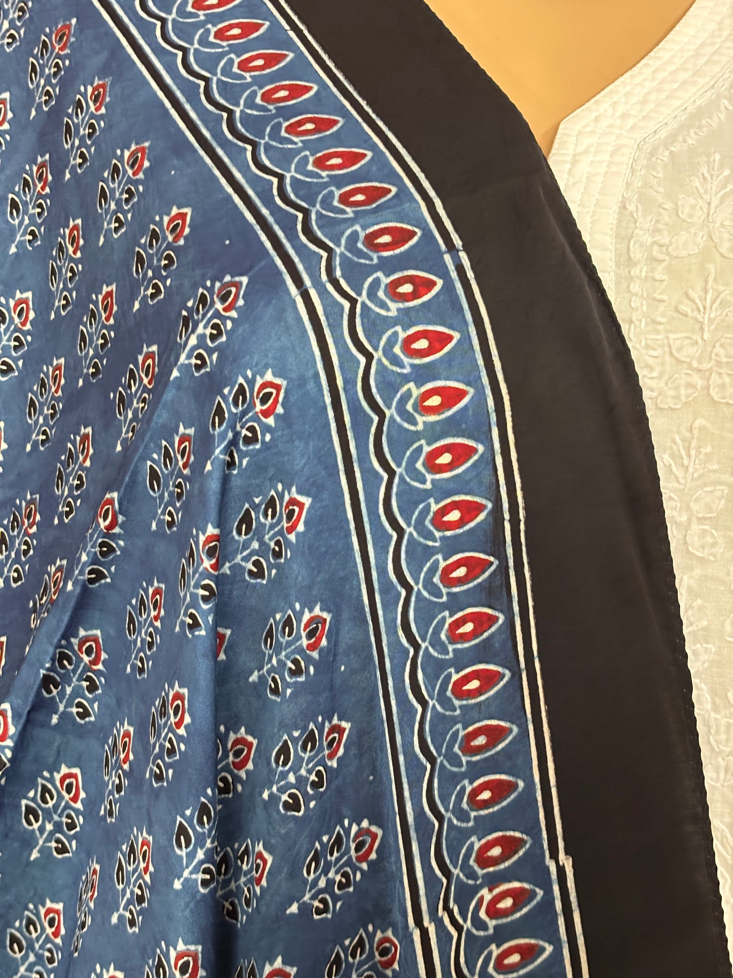 Indigo Colour Natural Dyed Ajrakh Hand Block Printed Small Floral Modal Stole