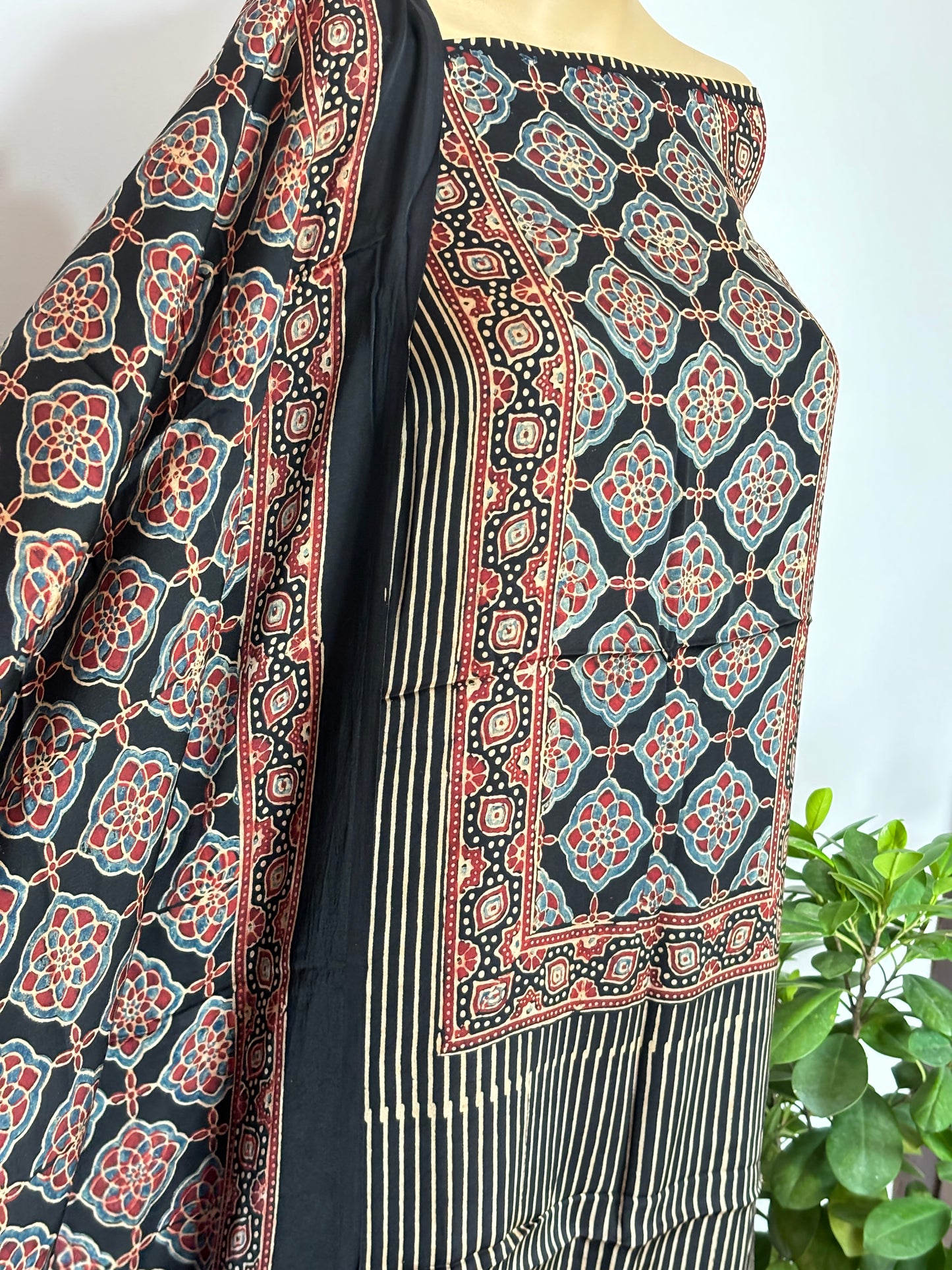 Natural Dyed Ajrakh Black Colour Front Panel with Stripe Shirt and Contemporary Motif Dupatta