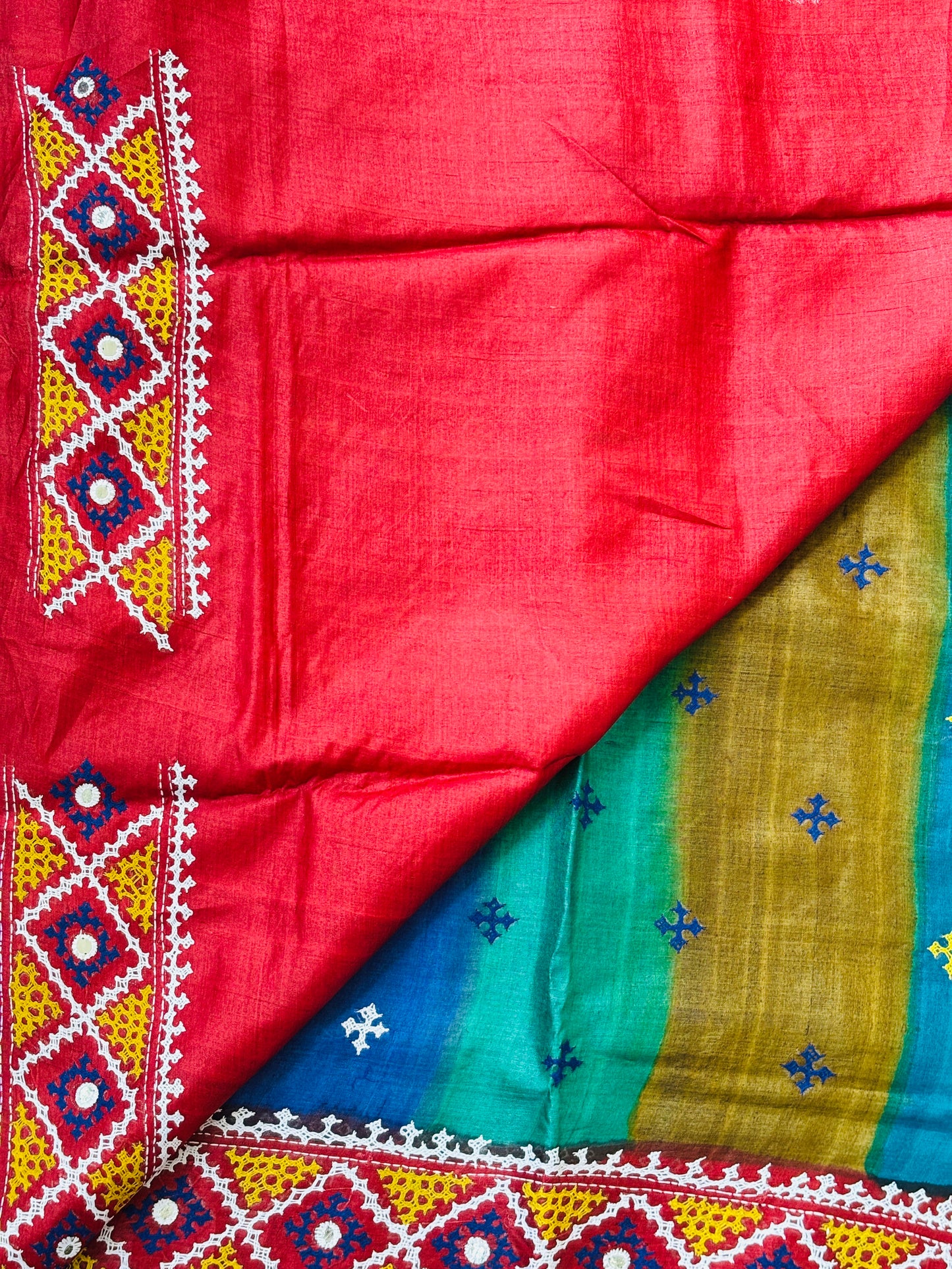 Gujrati Hand Embroidered Pure Tussar Silk Saree in Multi Colour Body and Rust Red Palla