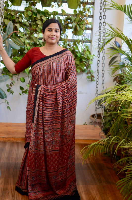 Khubsurat Raste Red (Natural Dyed Madder, Indigo and Black Stripe Contemporary Modal Saree)