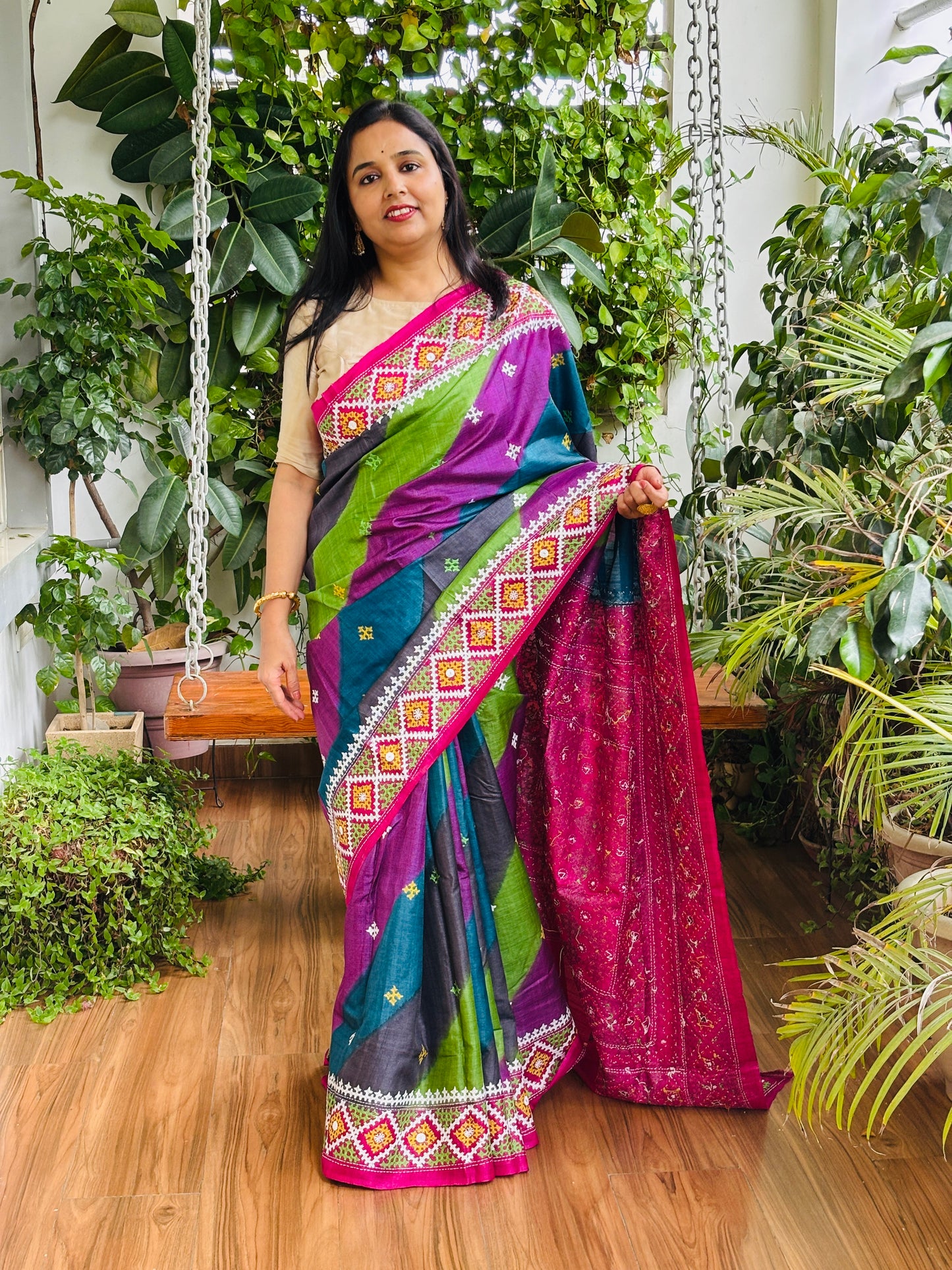 Gujarati Hand Embroidered Pure Tussar Silk Saree in Multi Colour Body and Magenta Palla