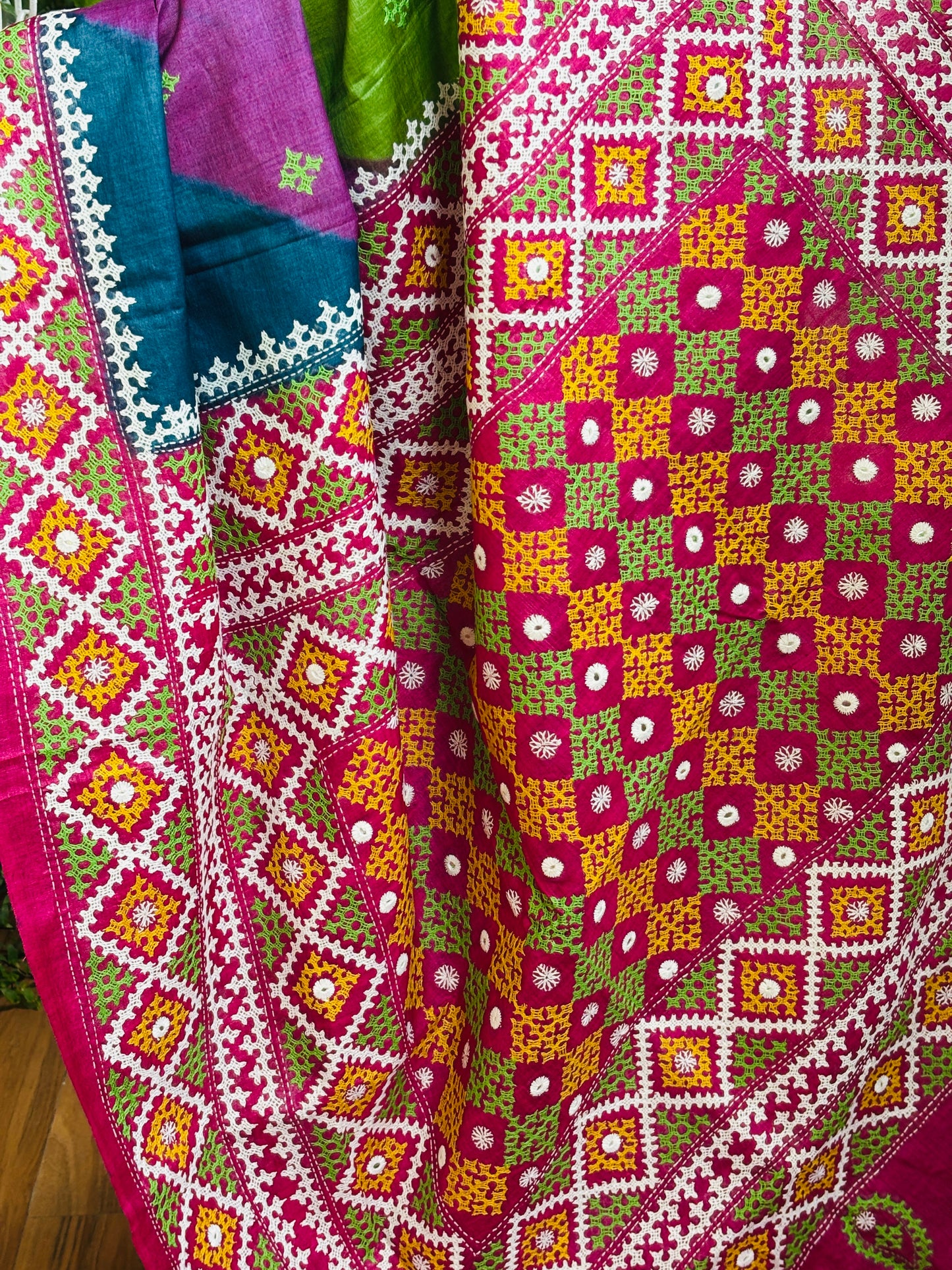 Gujarati Hand Embroidered Pure Tussar Silk Saree in Multi Colour Body and Magenta Palla