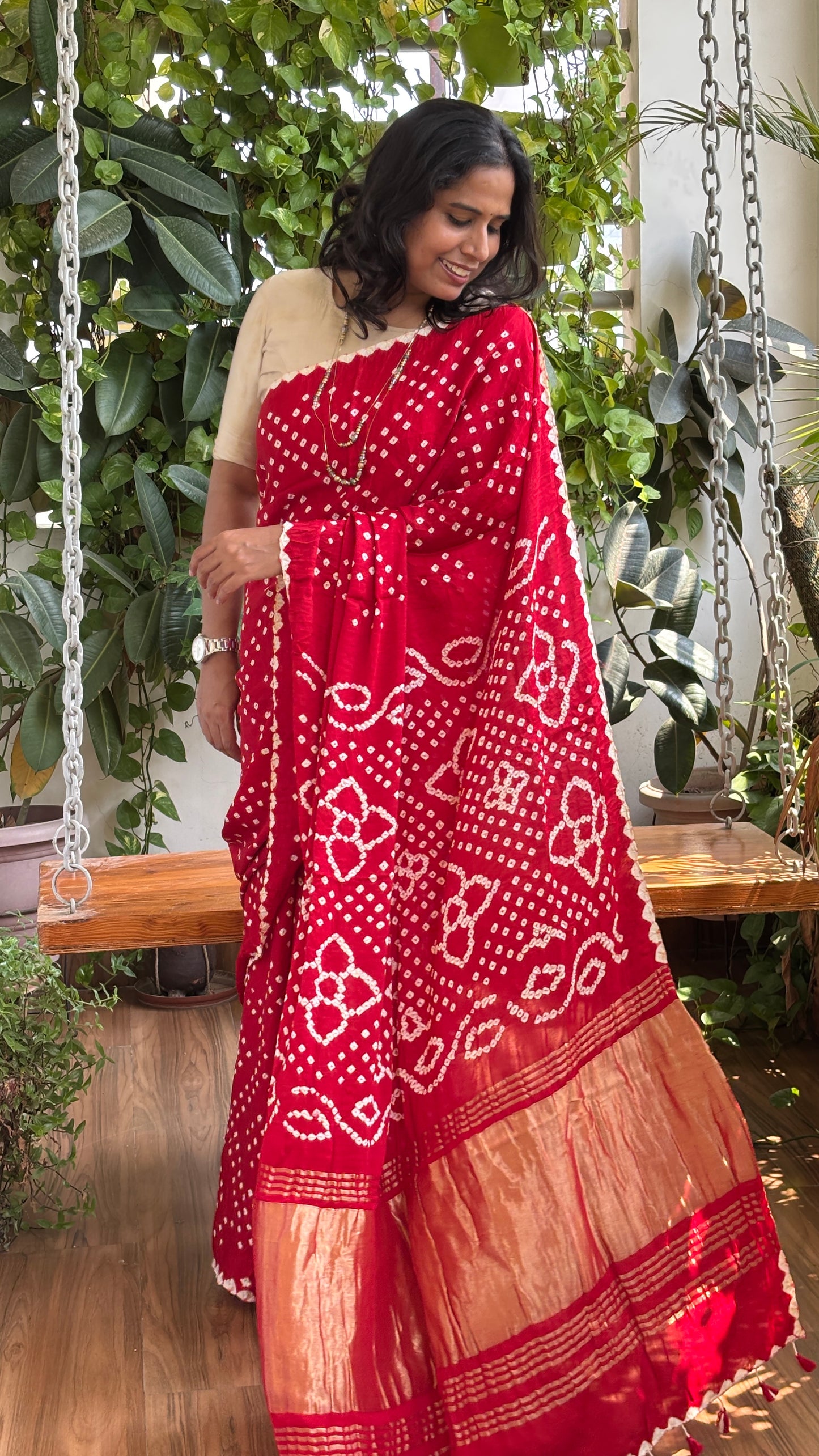Roddur - Red Colour Hand Bandhej Modal Saree