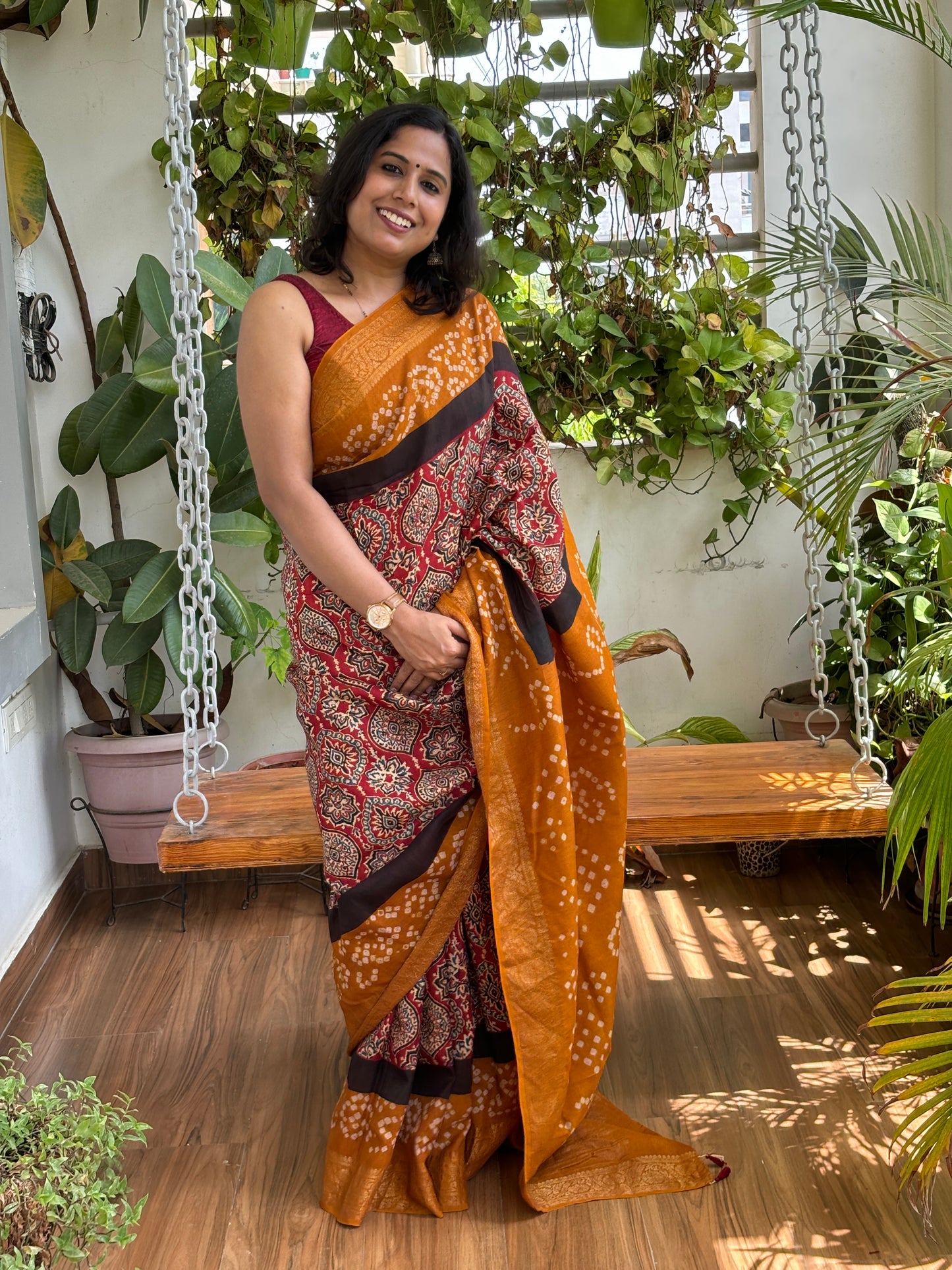 Shital- Dola Silk Natiral Dyed Ajrakh with Bandhej Saree