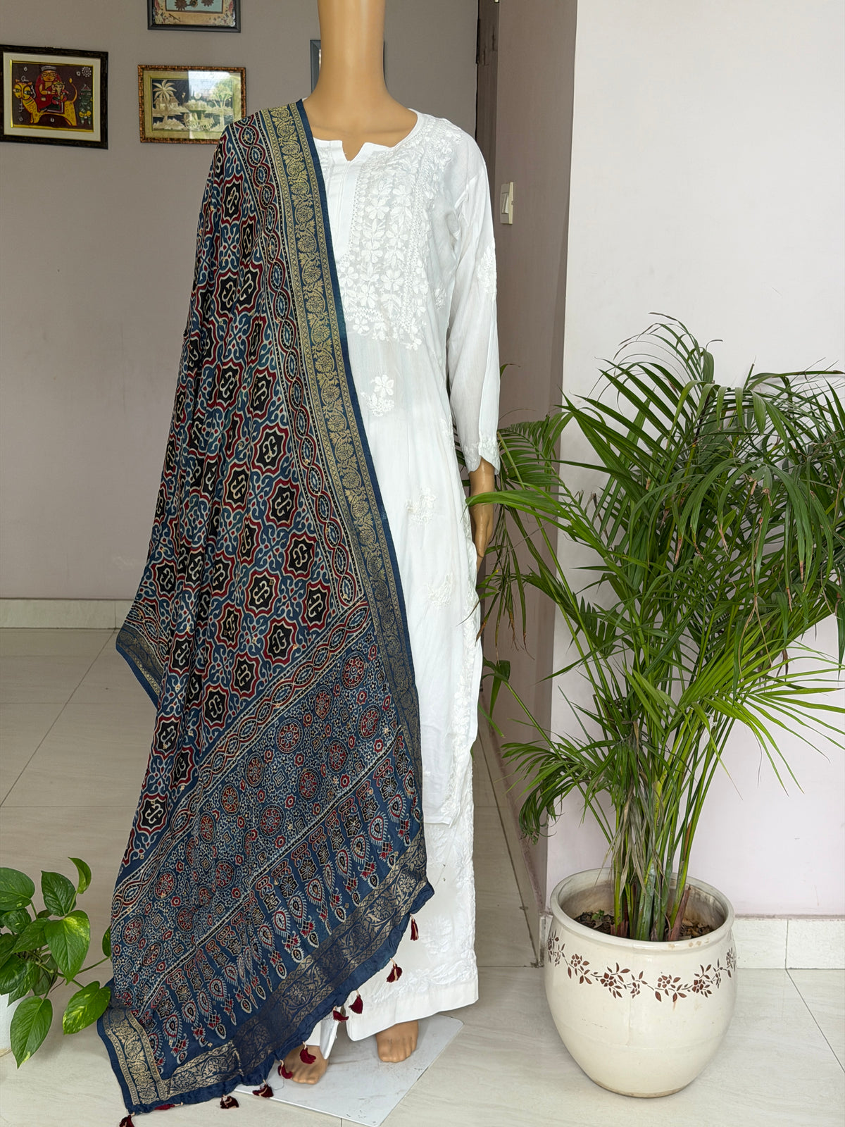 Ajrakh Dola Silk Dupatta With Zari Weaved Border
