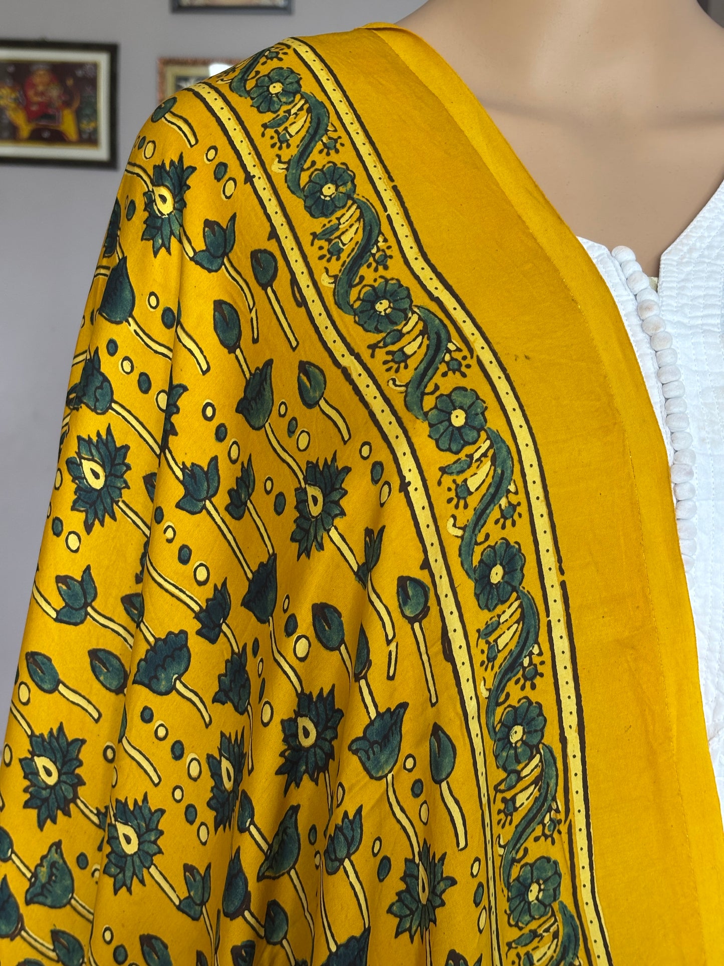 Yellow Colour Dupatta With Floral and Bud Motif,ajrakh modal dupatta,closer view.