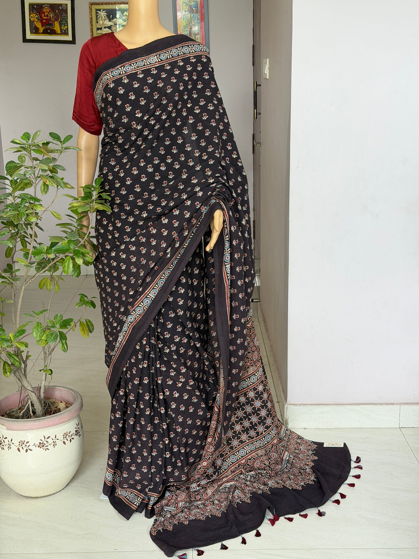 Cotton Ajrakh Hand Block Printed Contemporary Saree