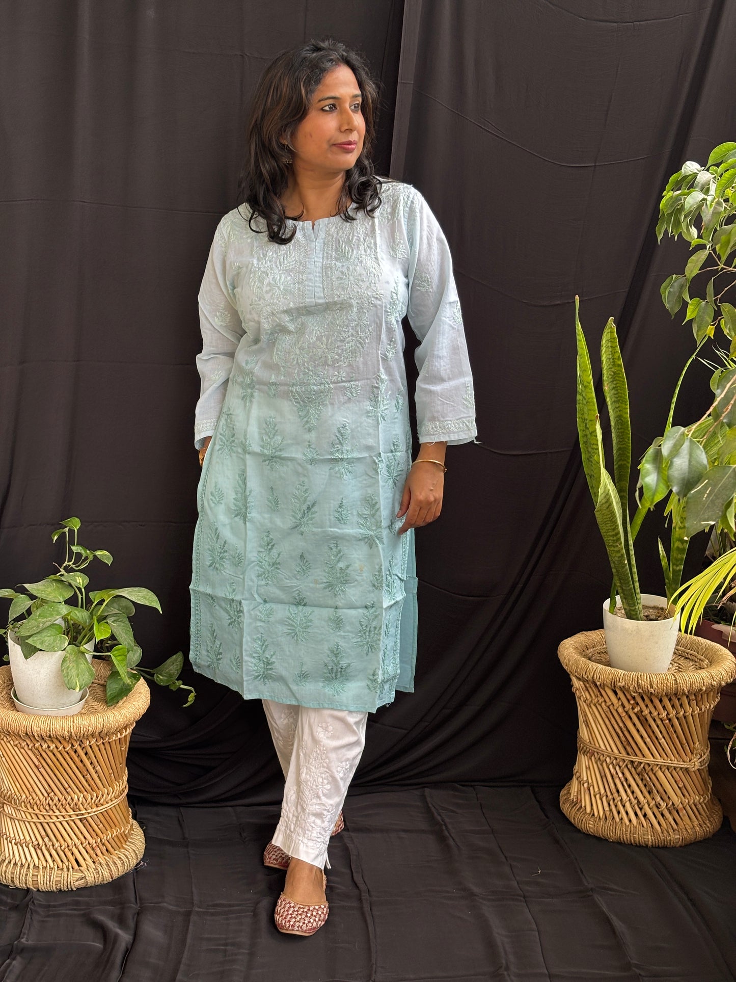 Cotton Chikan Hand Embroidered Ombre Dyed Kurti