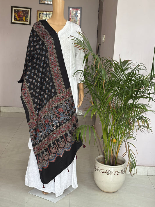 Black Colour Natural Dyed Ajrakh Hand Block Printed Small Buta Motif Modal Stole