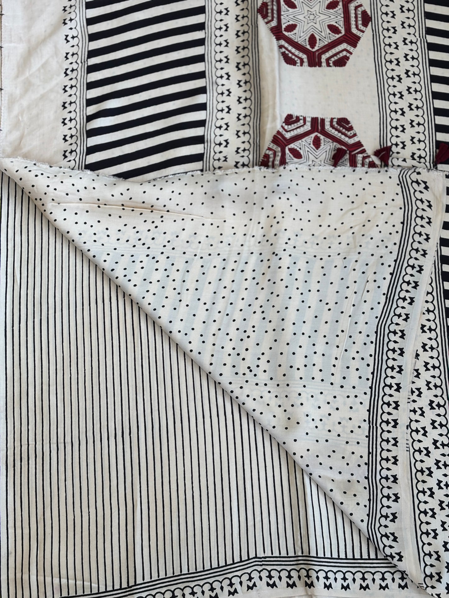 Ajrakh Modal Stripe Offwhite Saree, Ajrakh Modal Contemporary Saree, Blouse 