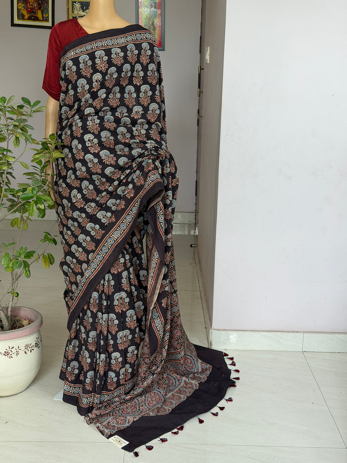 Cotton Ajrakh Hand Block Printed Contemporary Saree