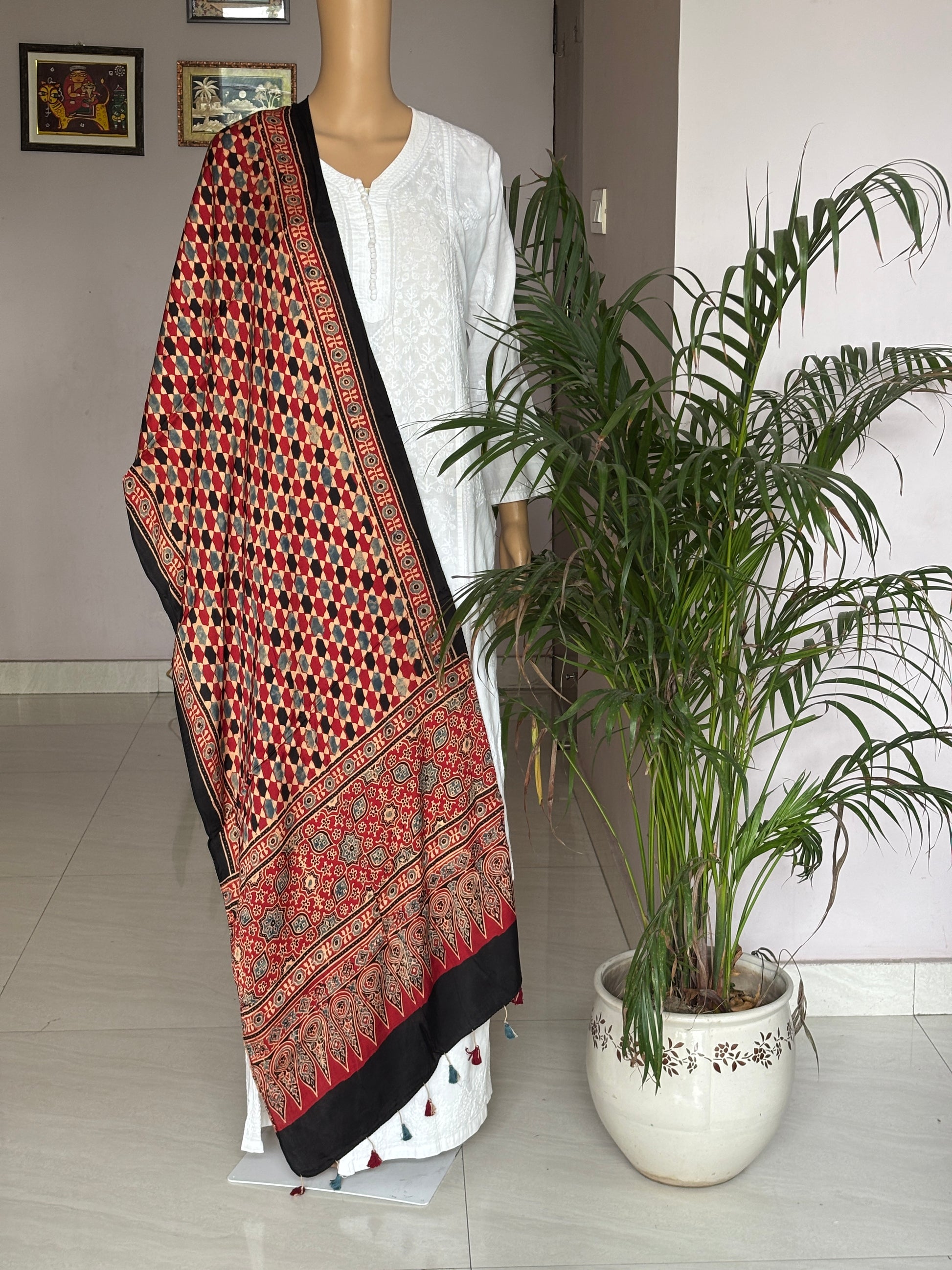 Ajrakh modal stole, red stole, front view.