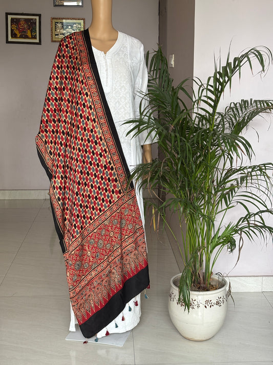 Ajrakh modal stole, red stole, front view.