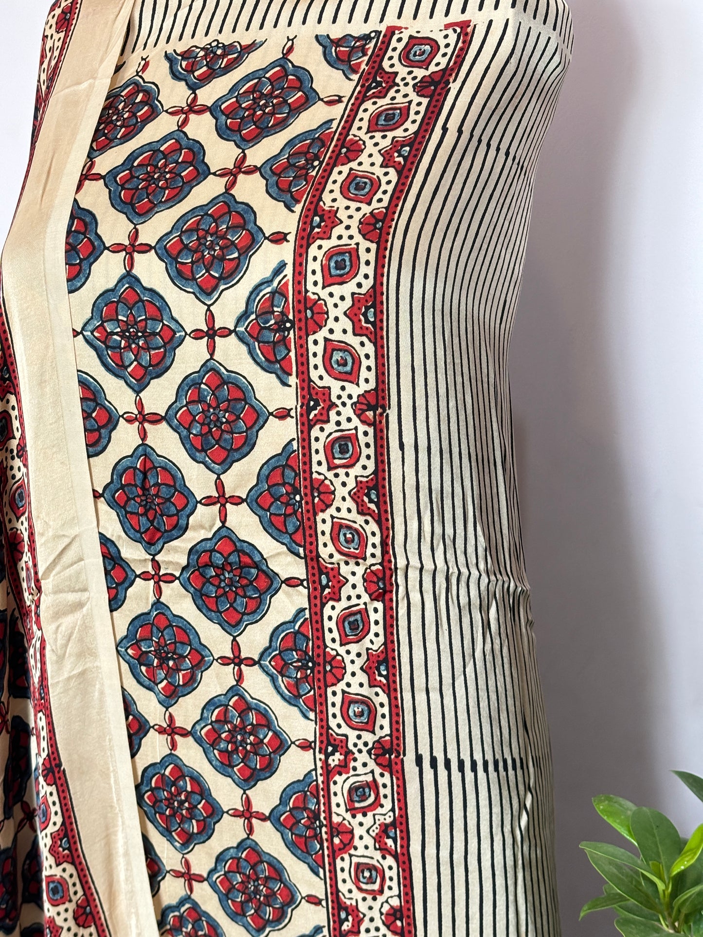 Natural Dyed Ajrakh Pale Ivory Colour Front Panel with Stripe Shirt Fabric with Traditional Motif Dupatta