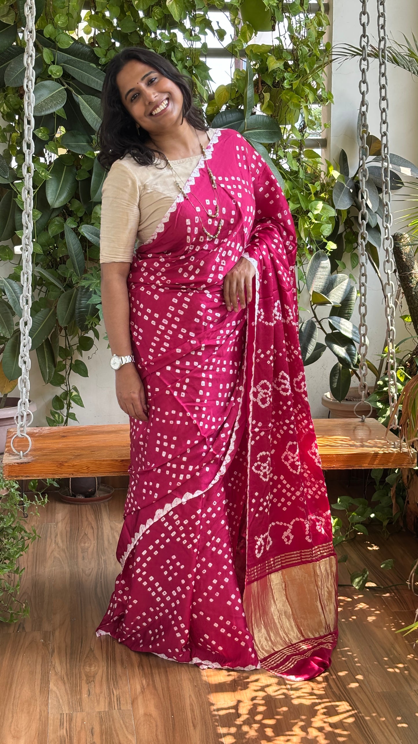 Aabha - Magenta Colour Hand Bandhej Modal Saree