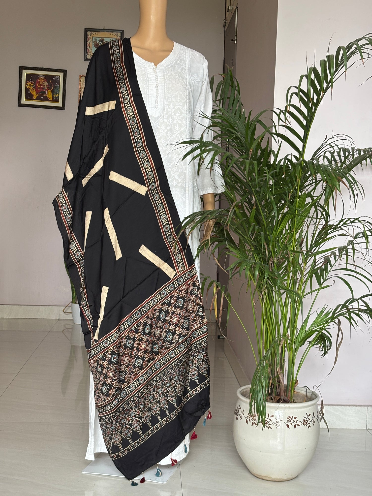 Ajrakh modal stole, black stole, front view.