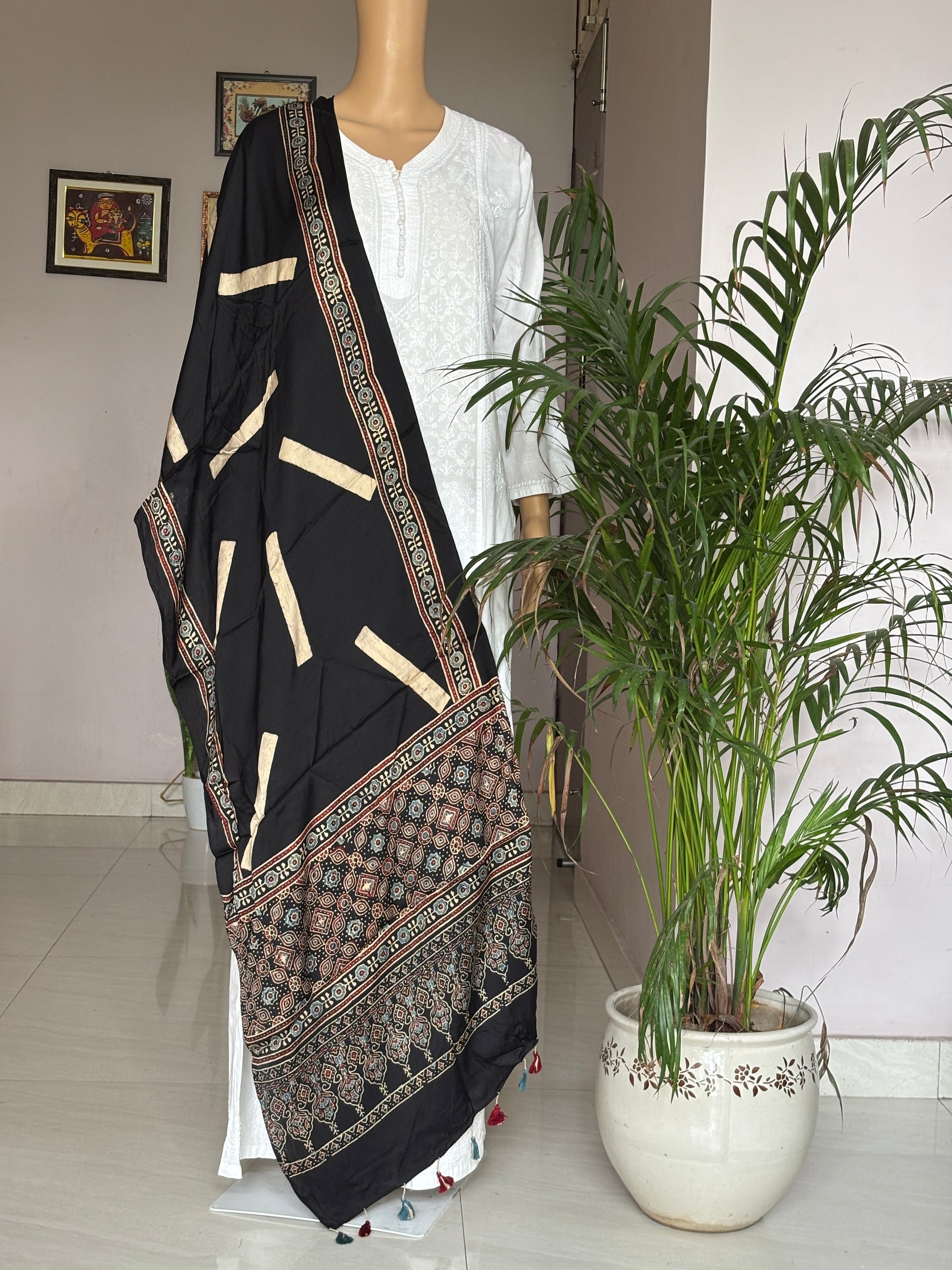 Ajrakh modal stole, black stole, front view.