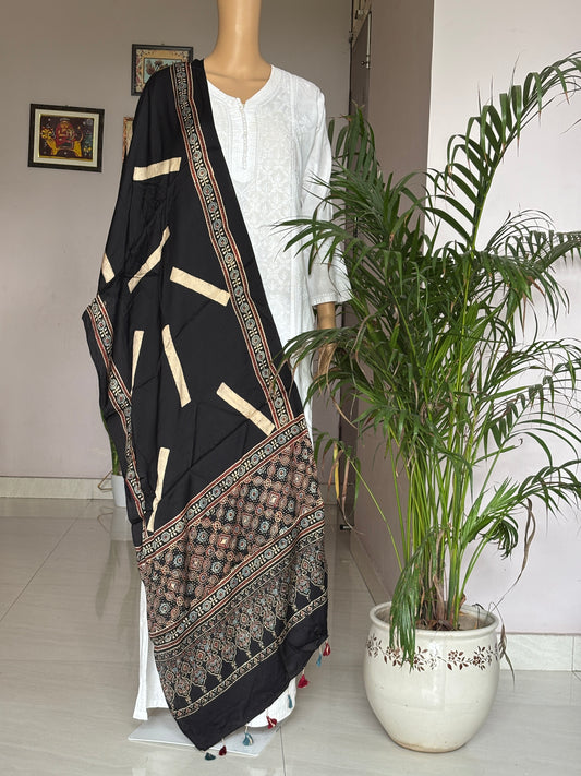 Ajrakh modal stole, black stole, front view.