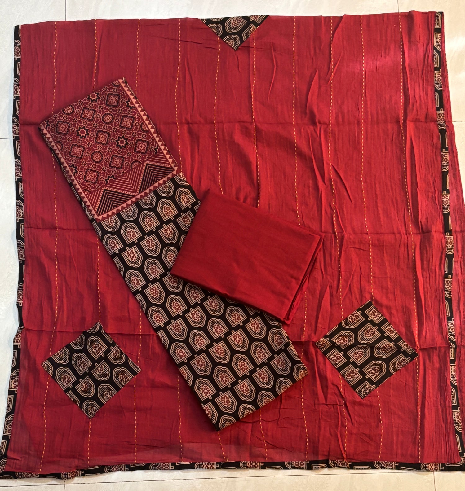 Black and Red Cotton Unstitched  Patch Work Yoke Fabric with Kantha and Applique Dupatta front view