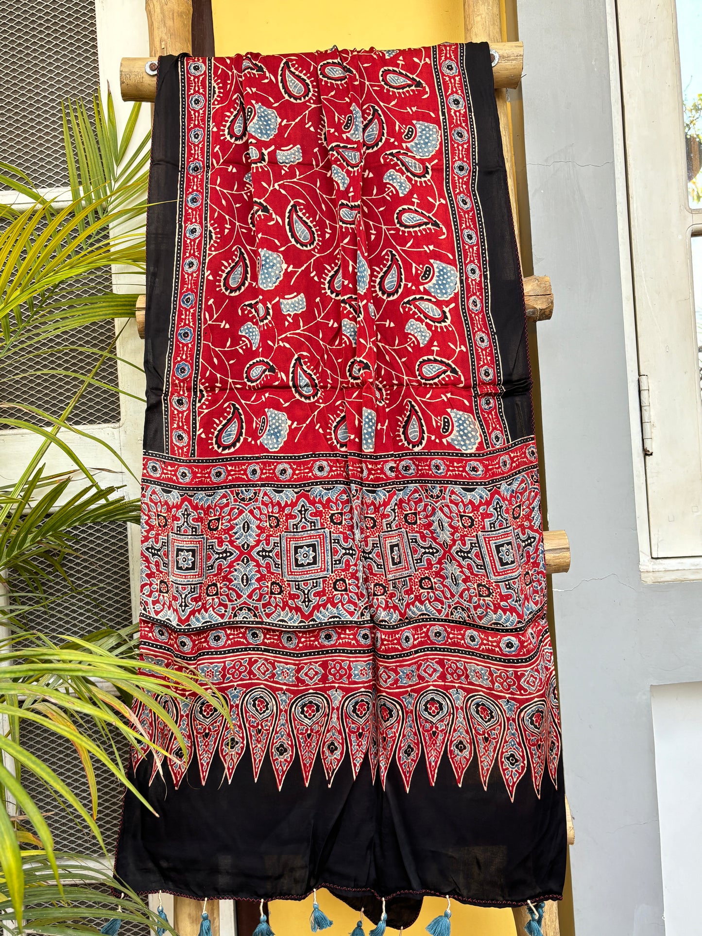 Ajrakh Stole- Natural Dyed Madder Colour Bel Buta Stole