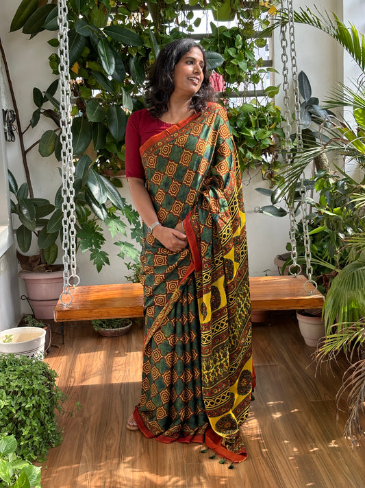 Mosses and Magic - Natural Dye  Green and Yellow Modal Premium Saree