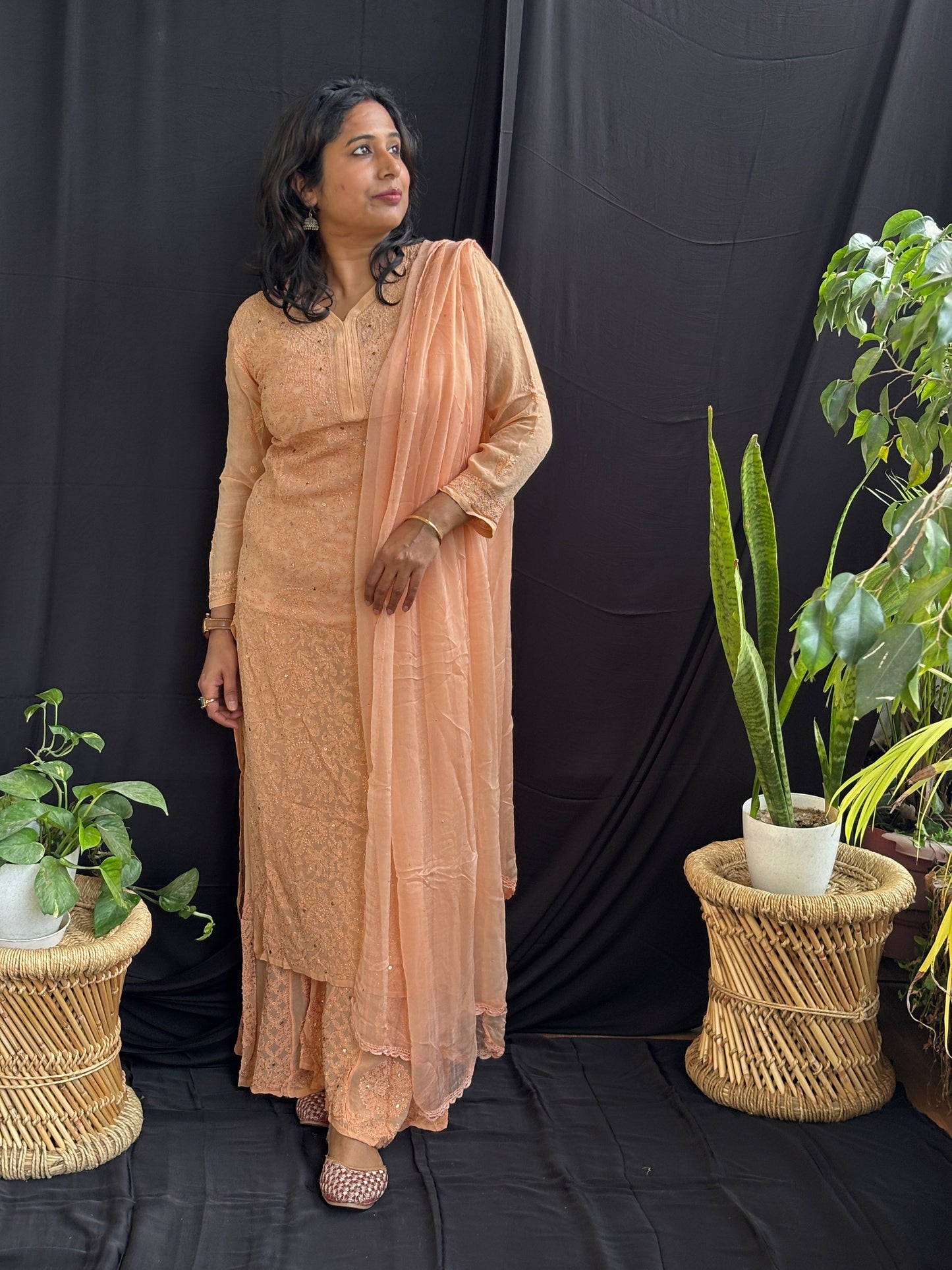 Chikan Hand Embroidered Pure Georgette Three Piece Set Pure Chiffon Dupatta With Mukaish Work