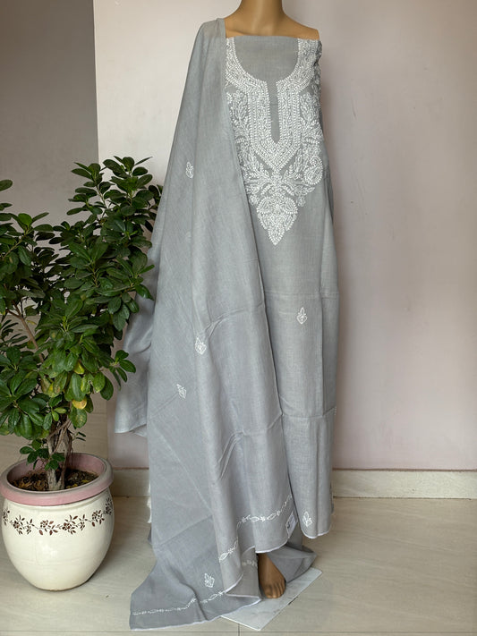Light Grey Pink Chikankari Hand Embroidered Shirt, Bottom and Dupatta Fabric in Cotton