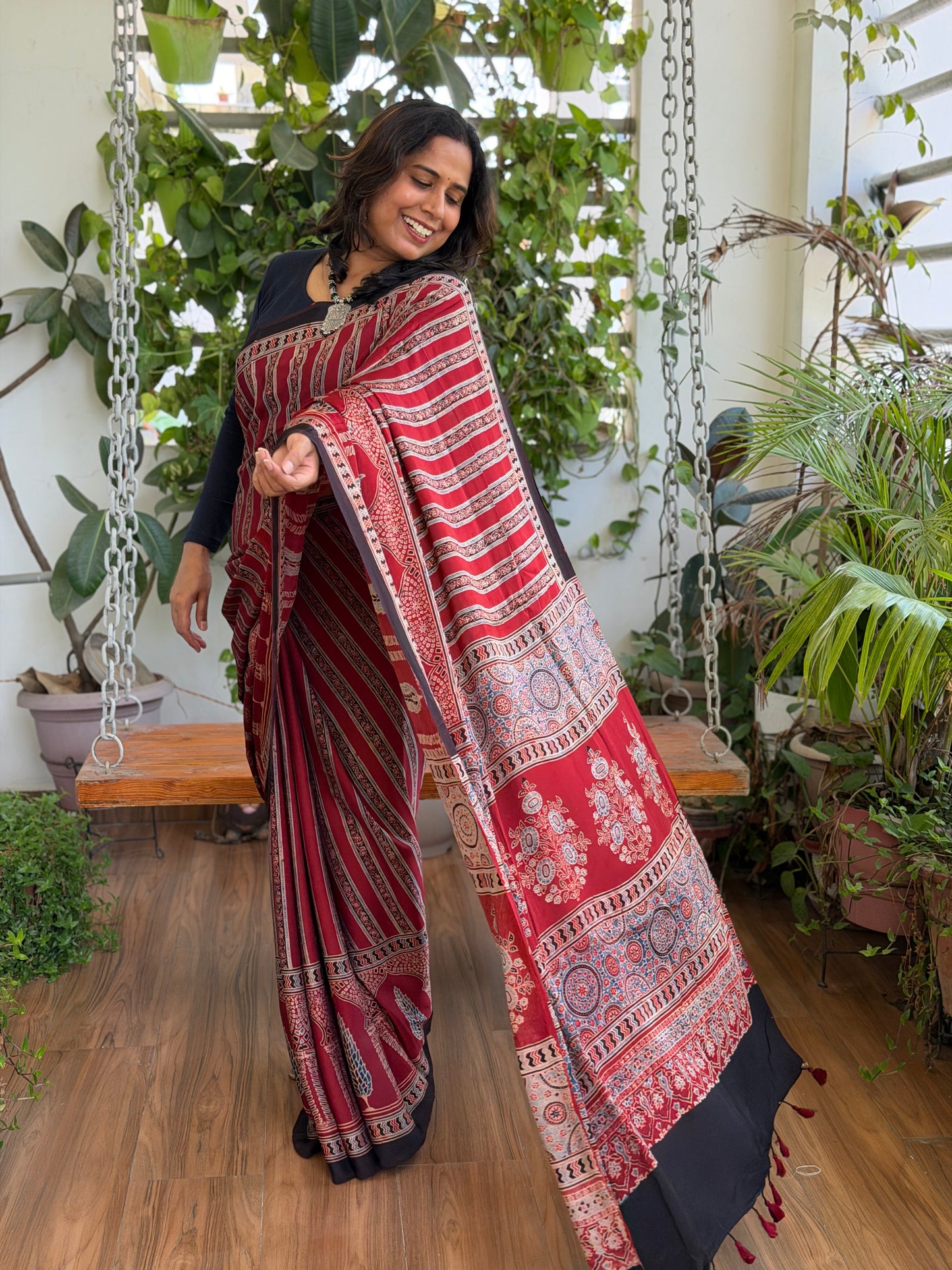 Madder Colour Ajrakh Modal Saree