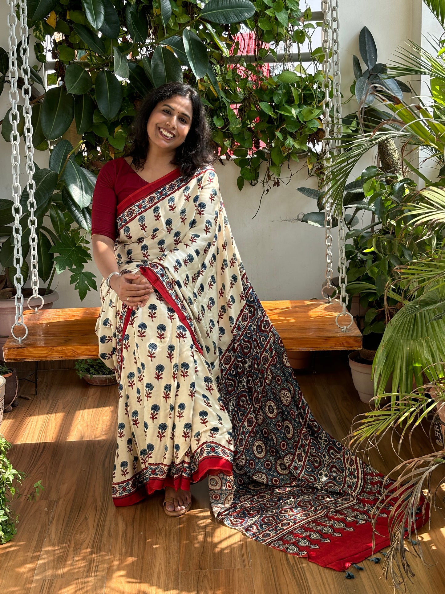 Sada - Natural Dye  Pale Ivory Modal Premium Saree With Indigo Marigold