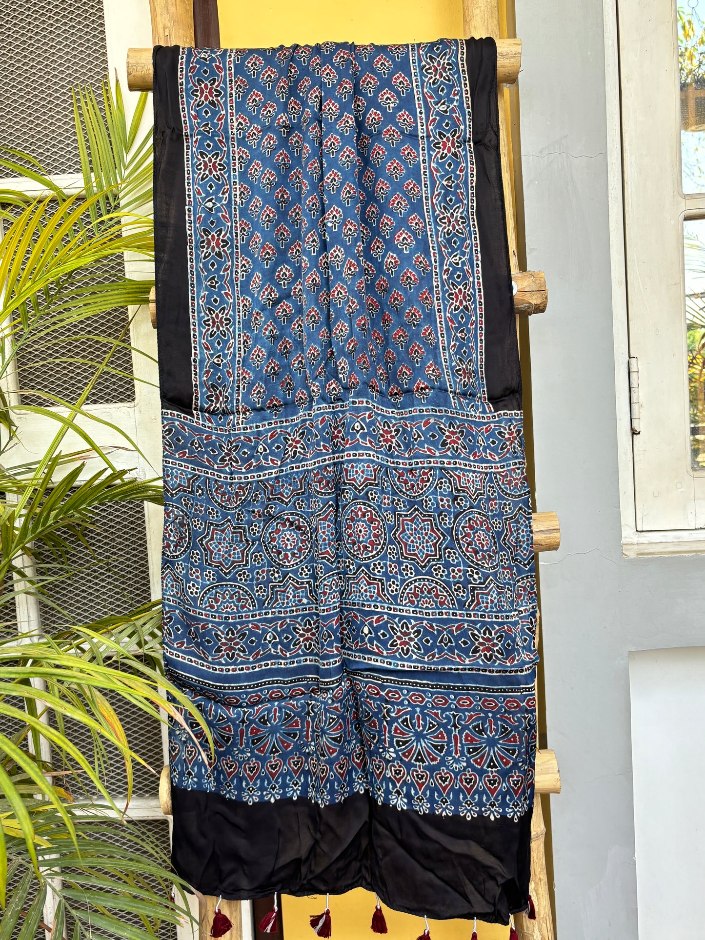 Ajrakh Stoles- Natural Dyed Indigo Small Buta Stole