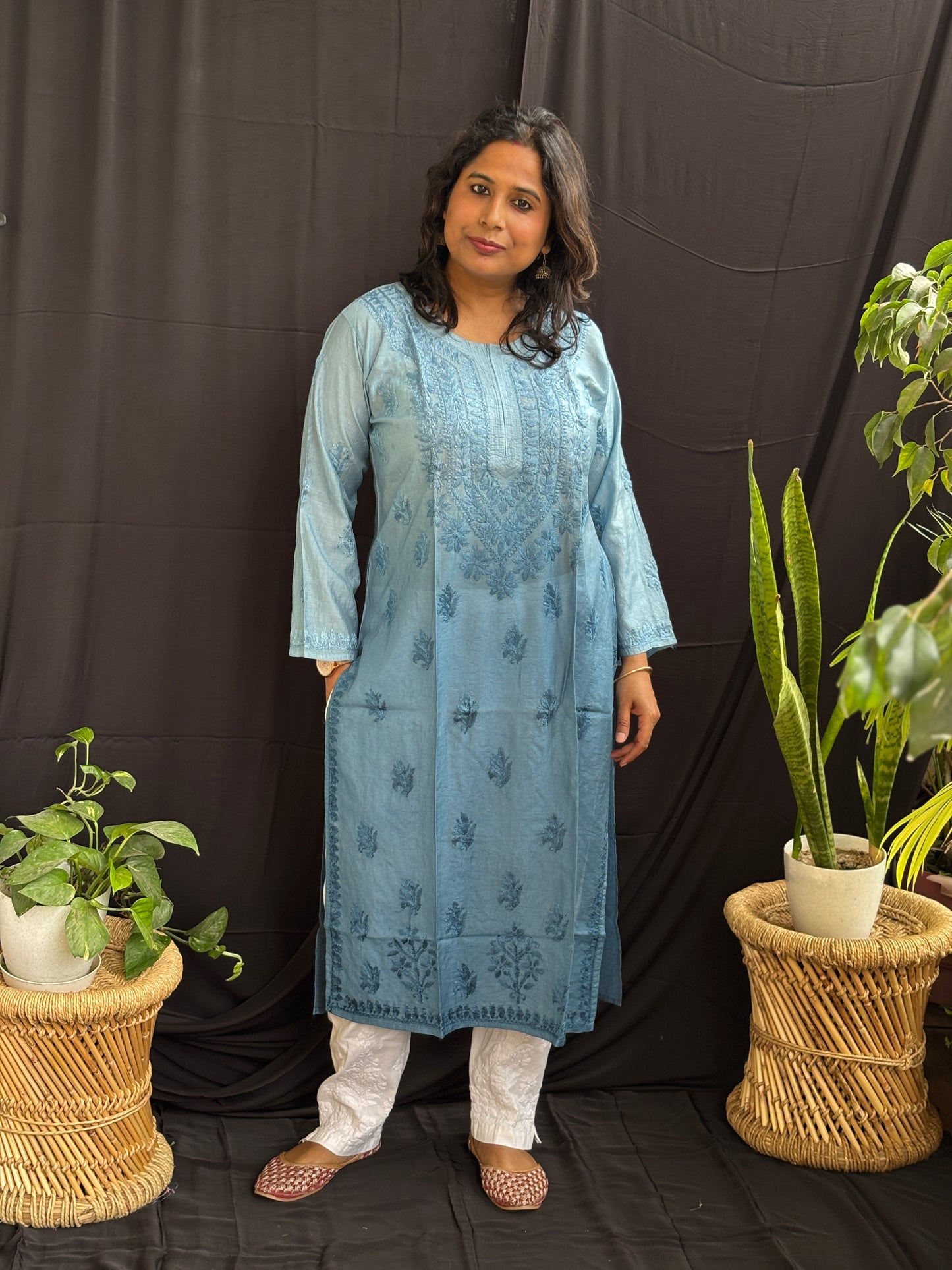 Chanderi Cotton Chikan Hand Embroidered Ombre Dyed Kurti