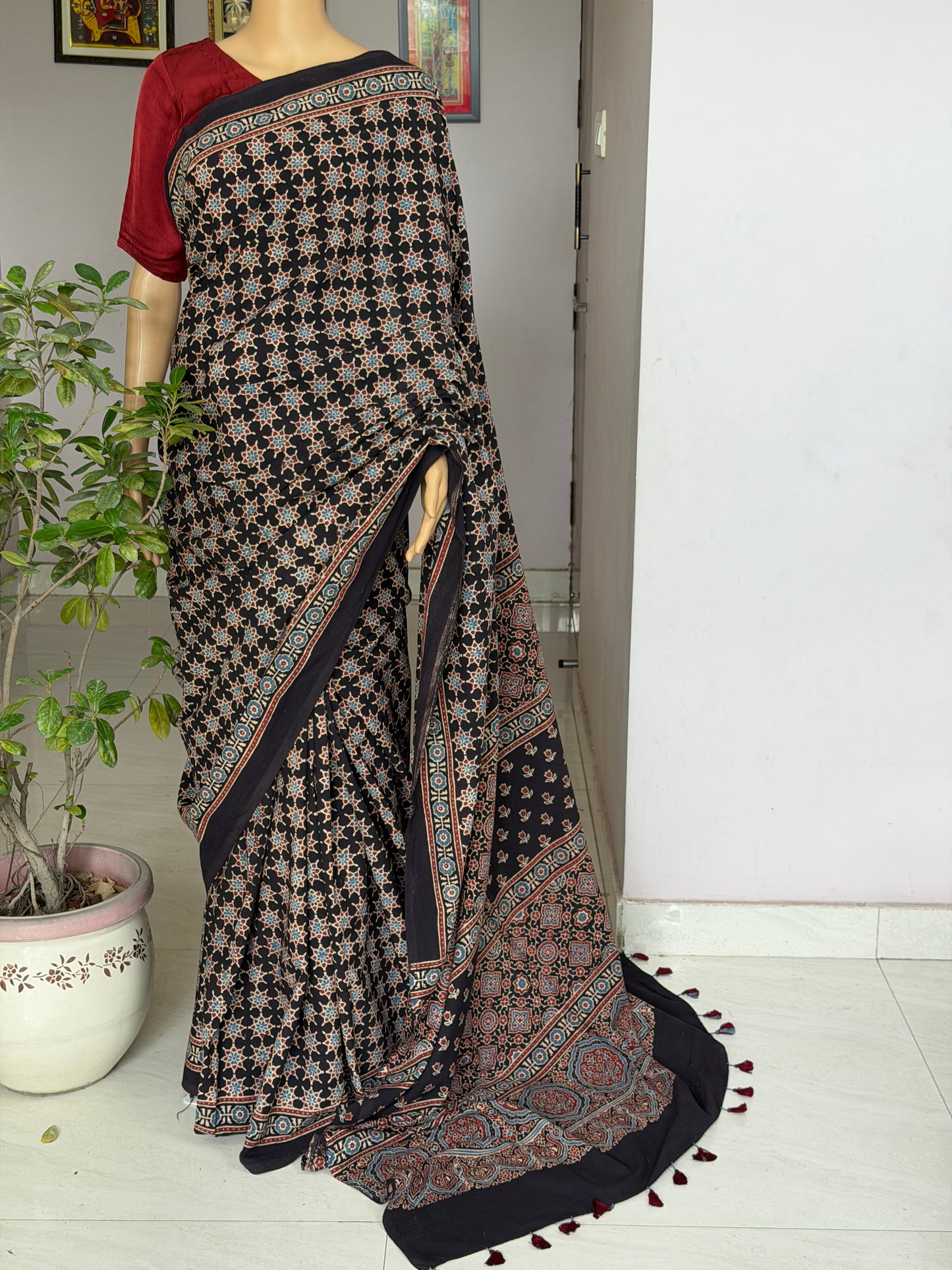 Cotton Ajrakh Hand Block Printed Contemporary Saree