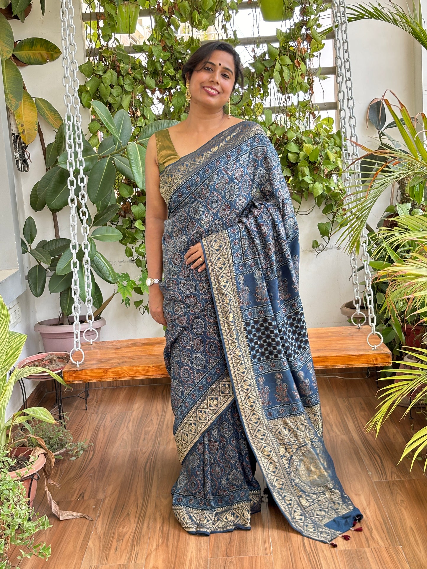 Neer- Natural Dyed Indigo Badamduta Motif Dola Silk Sarees