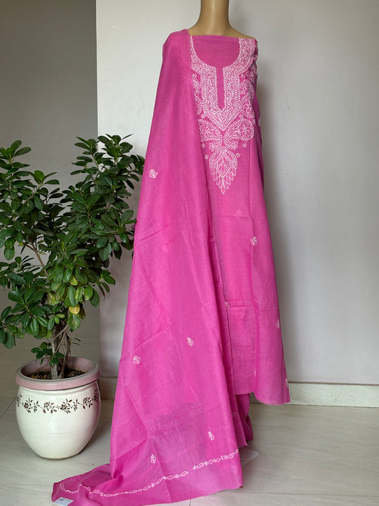 Pink Chikankari Hand Embroidered Shirt, Bottom and Dupatta Fabric in Cotton (Copy)