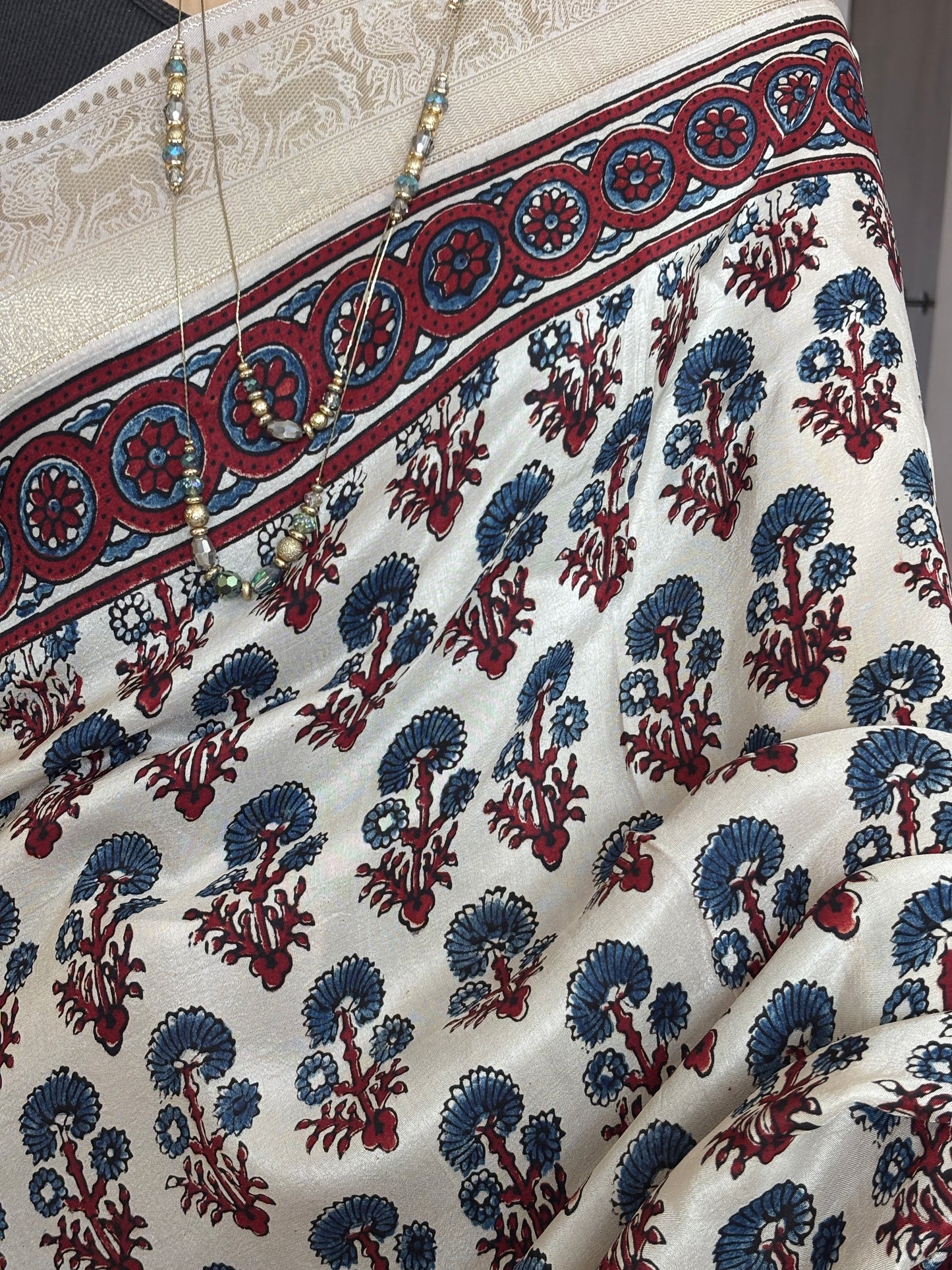 Pale Ivory Ajrakh Hand Block Printed Marigold Motif Dola Silk Saree