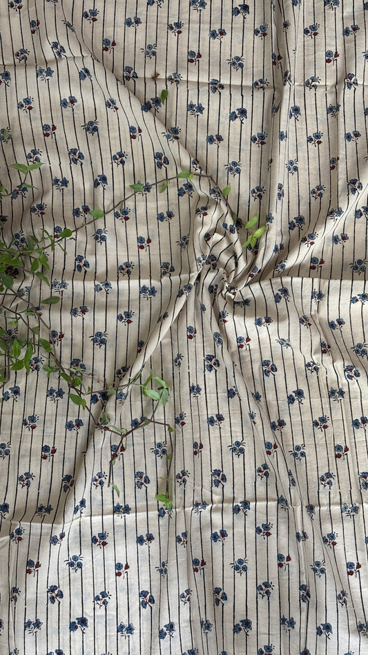 Pale Ivory Colour Natural Dyed Ajrakh Hand Block Printed Small Floral Buta Organic Cotton Fabric