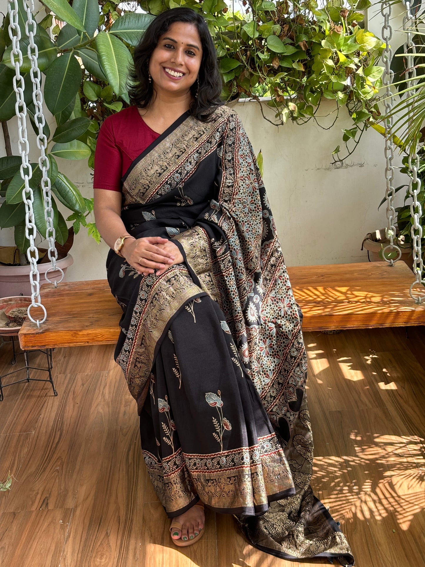 Pushpa- Floral Stalk Motif Black Ajrakh Saree In Dola