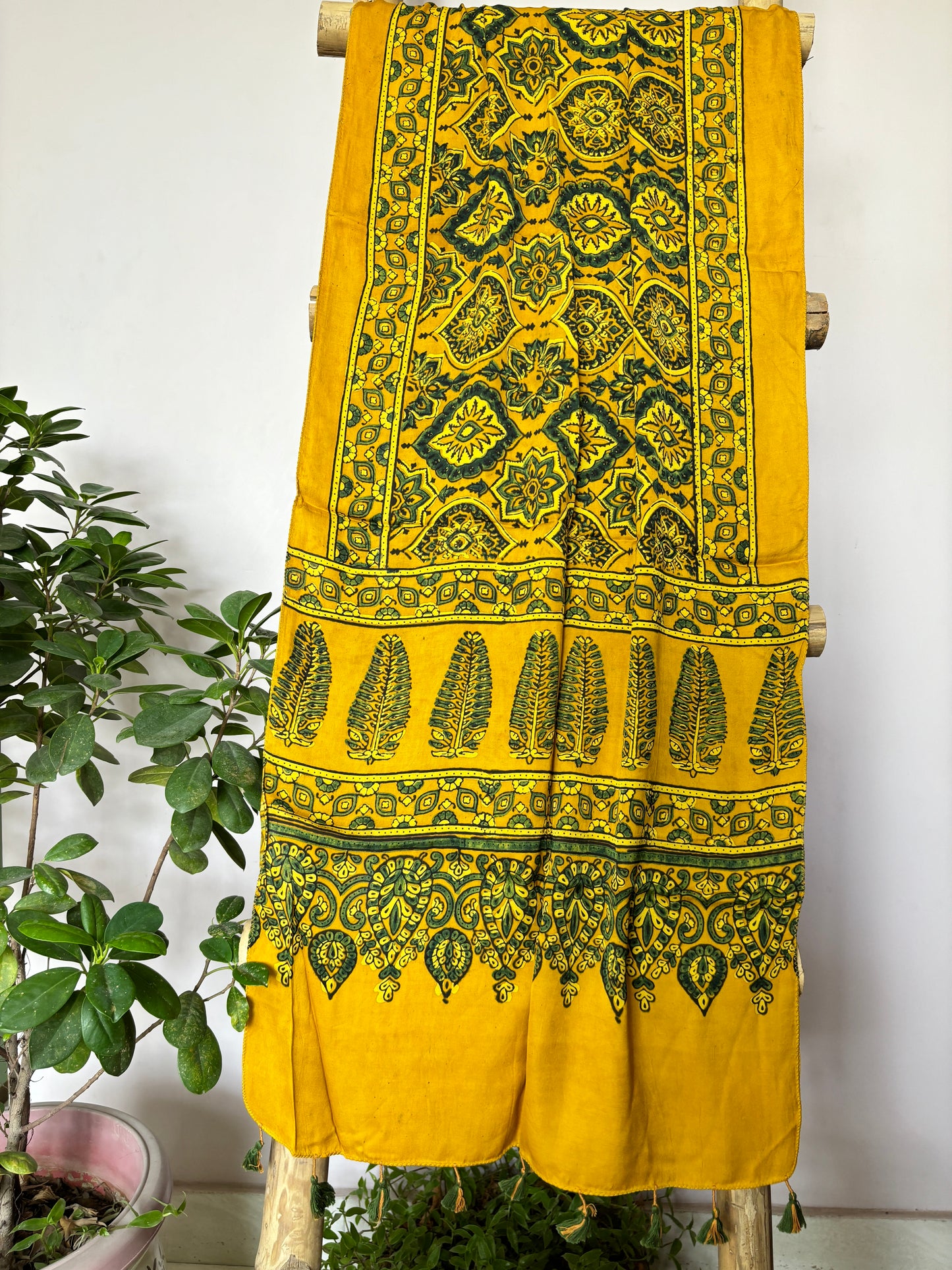 Ajrakh Stole- Natural Dyed Yellow Colour Badambuta Stole