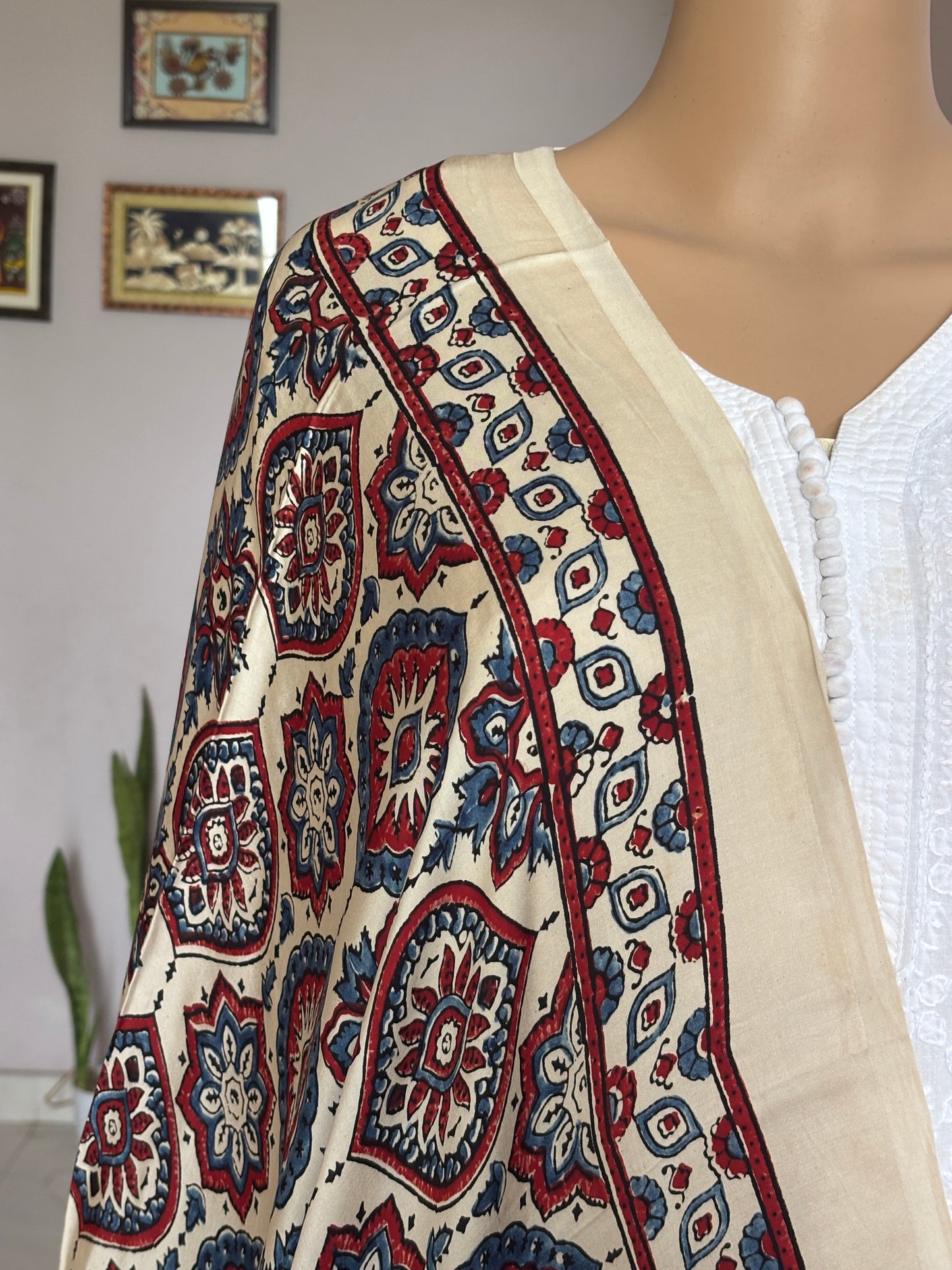 Ajrakh Modal Pale Ivory Dupatta With Badam Buta Motif