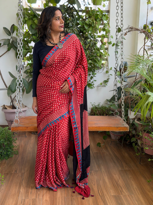 Madder Red Natural Dyed Contemporary Polka Dot Ajrakh Modal Saree